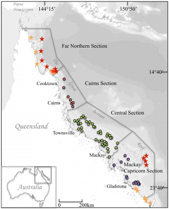 Map showing the sample locations of symbiodinium clade collections on the Great Barrier Reef