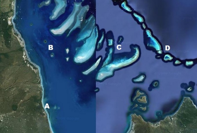 Aerial photograph of northern GBR showing coastal fringing reefs, inner-shelf fringing reefs around islands, mid-shelf reefs and outer-shelf (ribbon) reefs