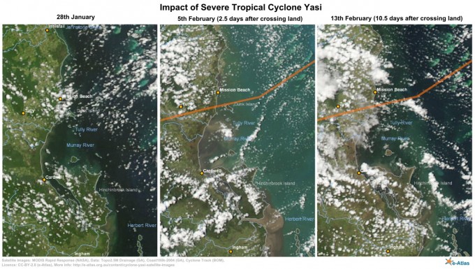 Satellite images (NASA MODIS) of Mission beach to Cardwell before and after cyclone Yasi