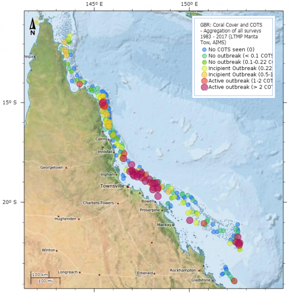 Crown-of-thorns starfish outbreaks map on GBR