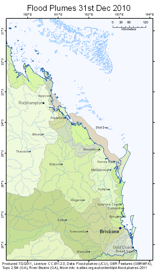 Animation of flood plumes on the Great Barrier Reef due to flooding in Queenland in 2010/2011