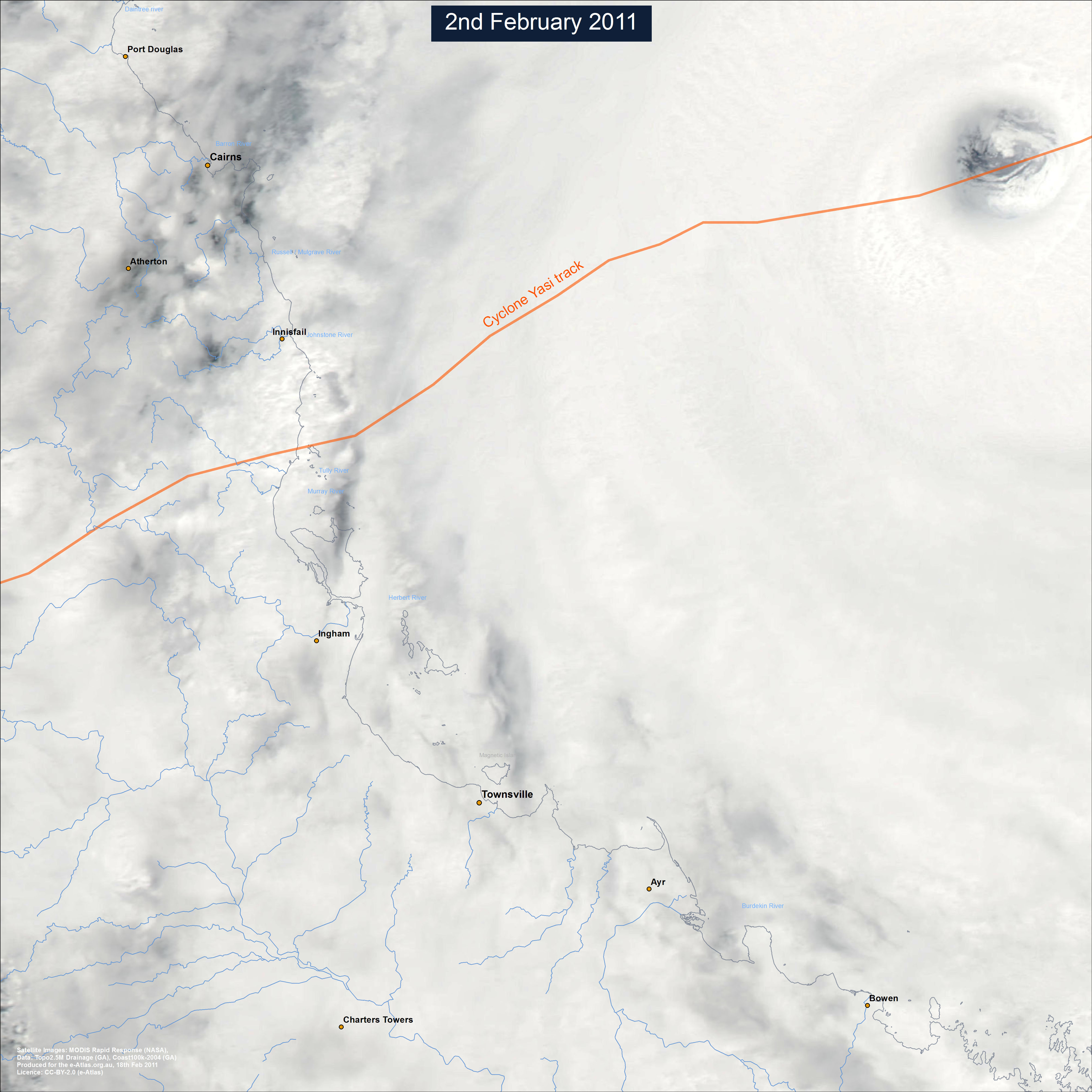 Severe Tropical Cyclone Yasi (MODIS satellite image) on 2nd February 2011 as it approaches the coast