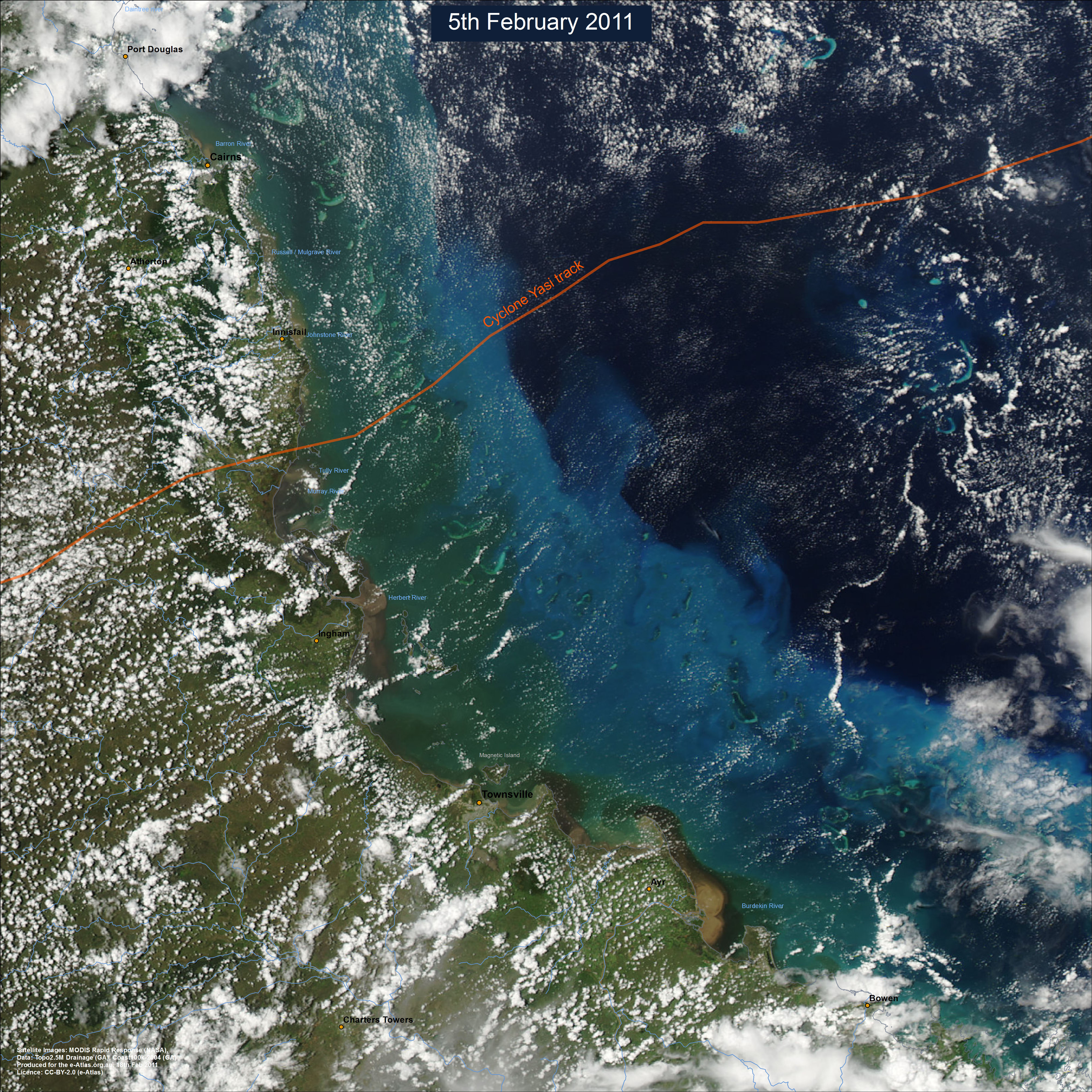 North Queensland coast and Great Barrier Reef as seen from space 2.5 days after cyclone Yasi crossed the coast.