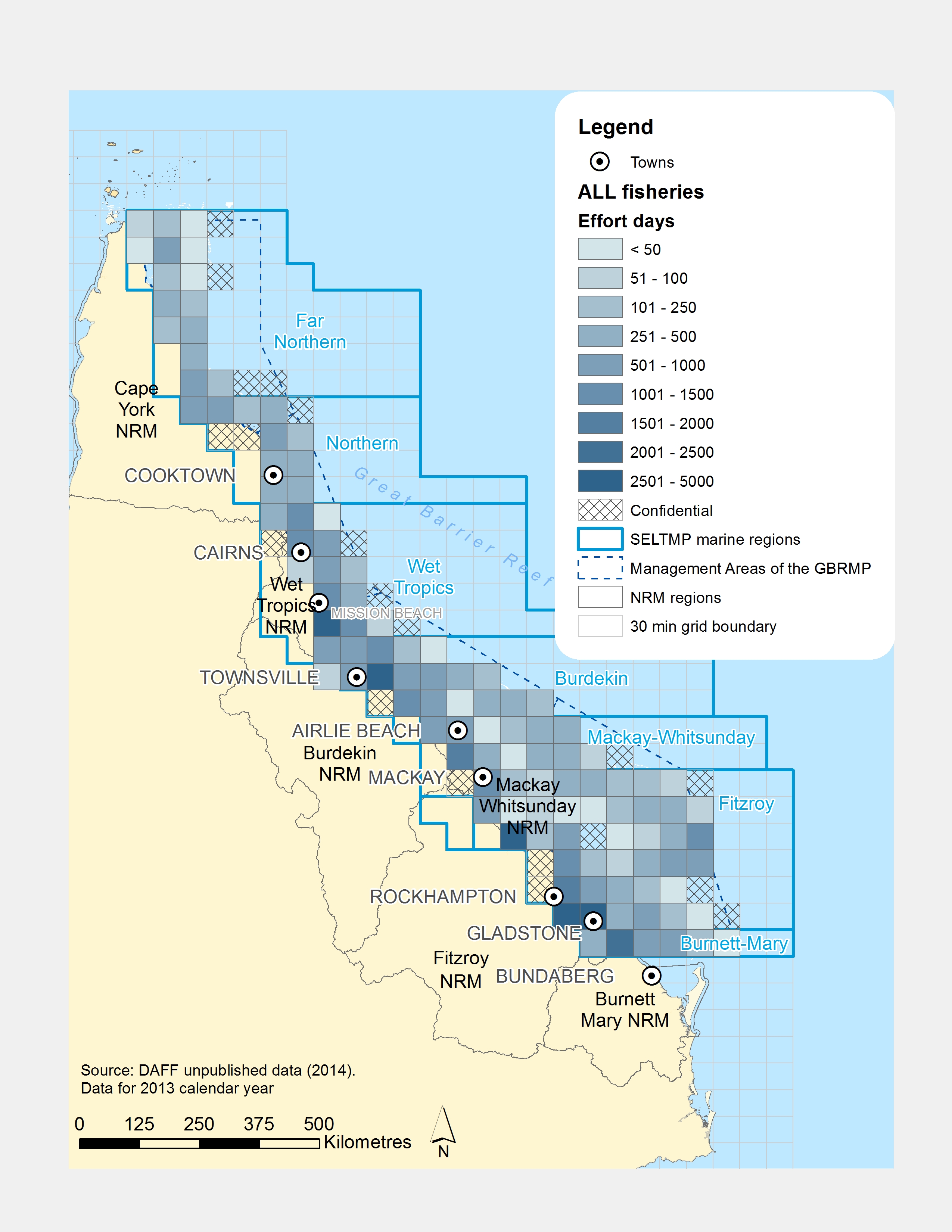 Commercial Fishing (ALL Fisheries and Harvest licences) Effort Days within GBR fishing grids in 2013. 