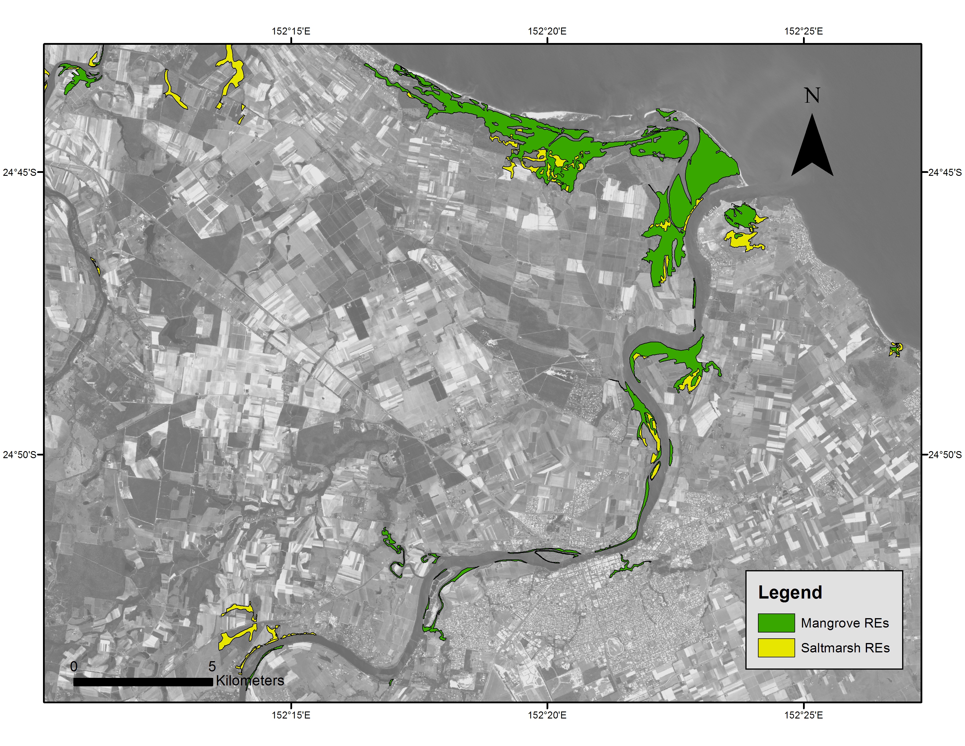 Map of tidal wetlands (mangroves and salmarsh) around Burnett River