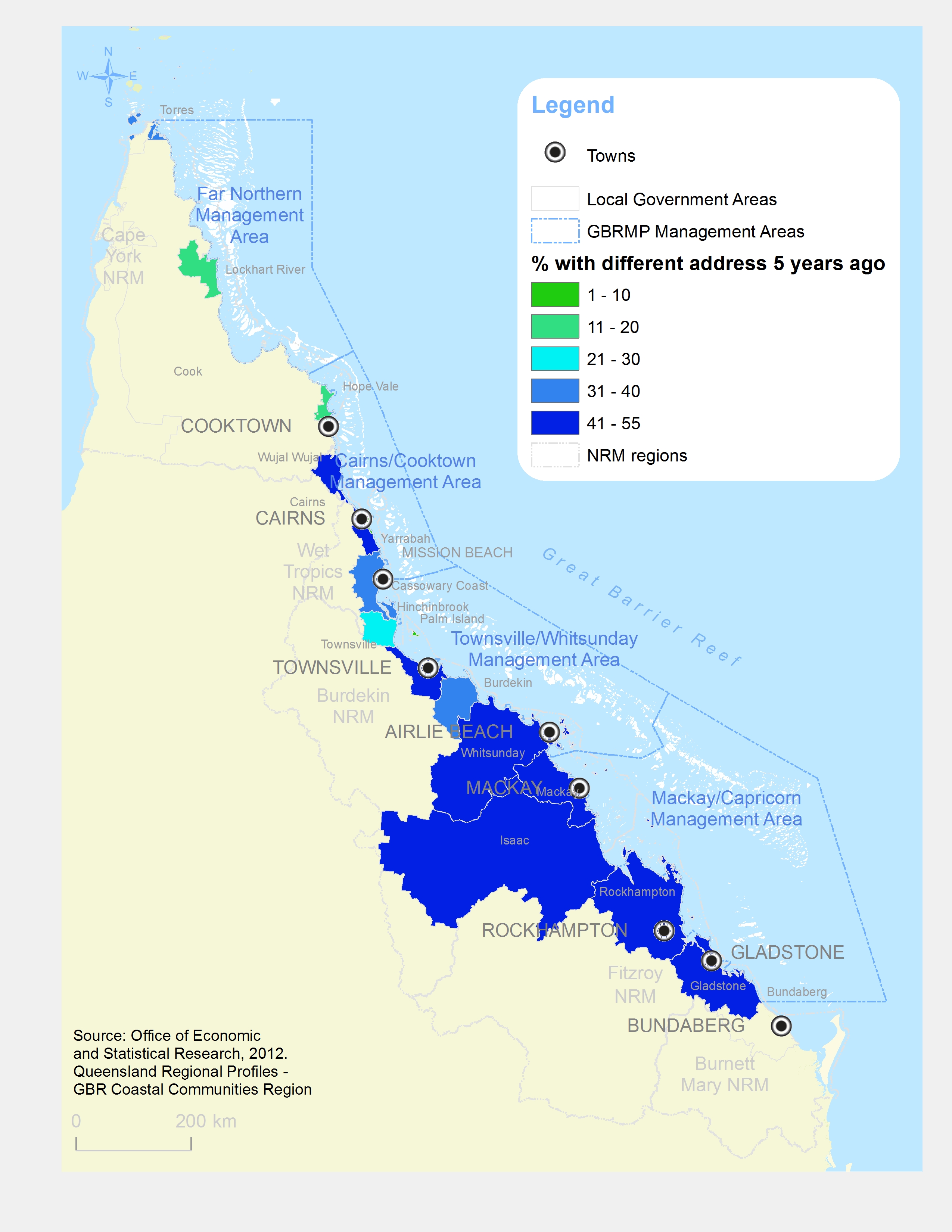 Distribution of people that has moved to a different address in Qld within five years (in %)