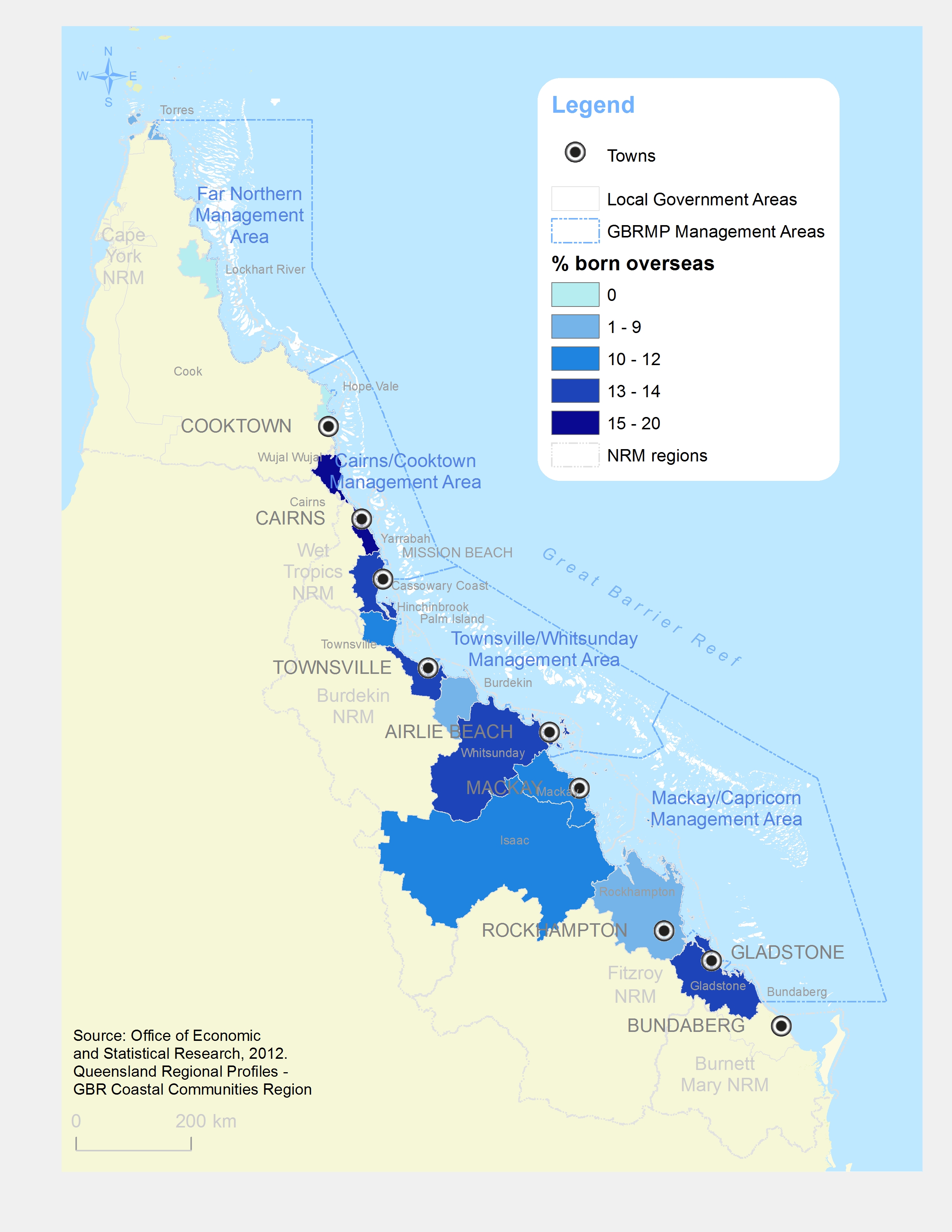 Distribution of people living in Qld who was born overseas (in %)