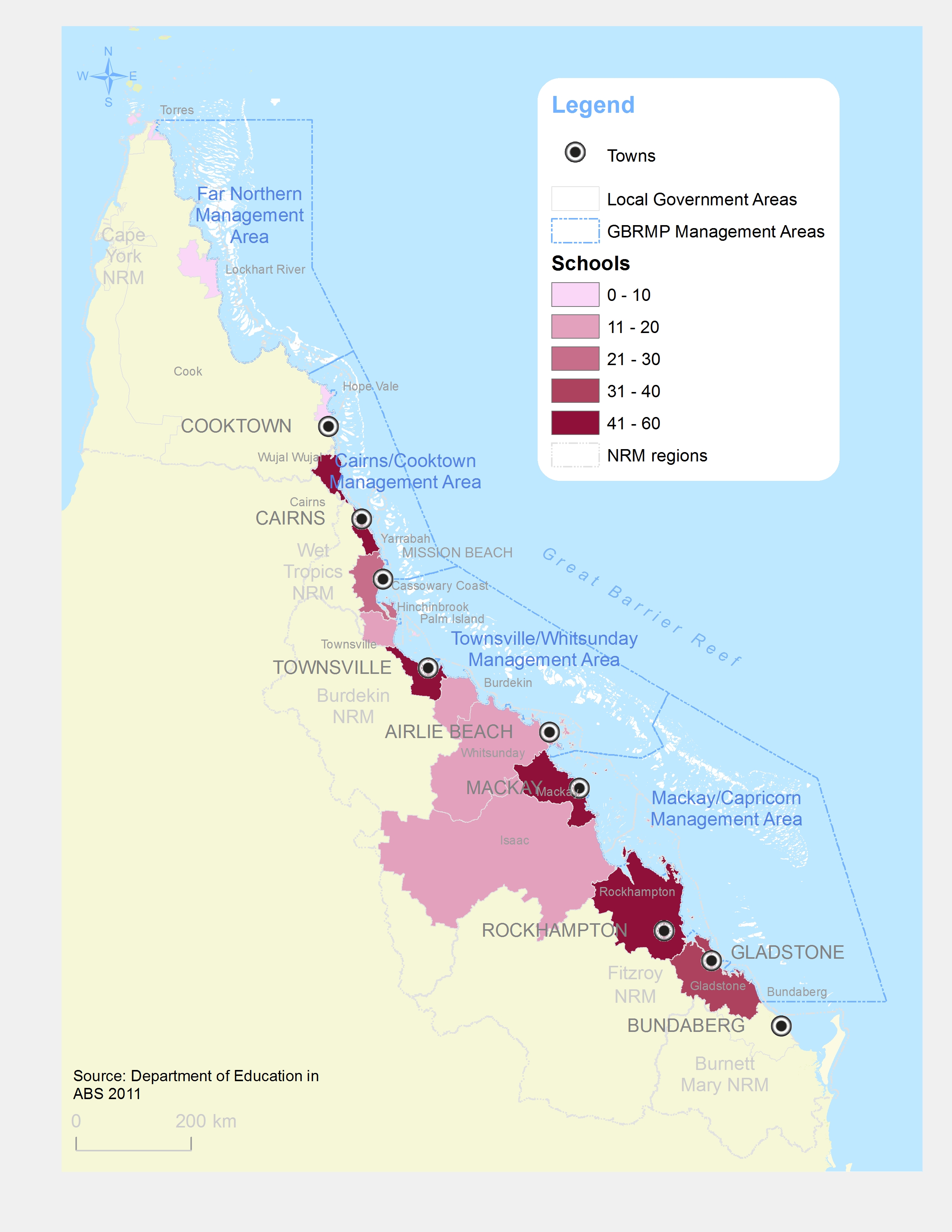 GBR Coastal Communities Number of Schools by LGA (2011 ABS data)
