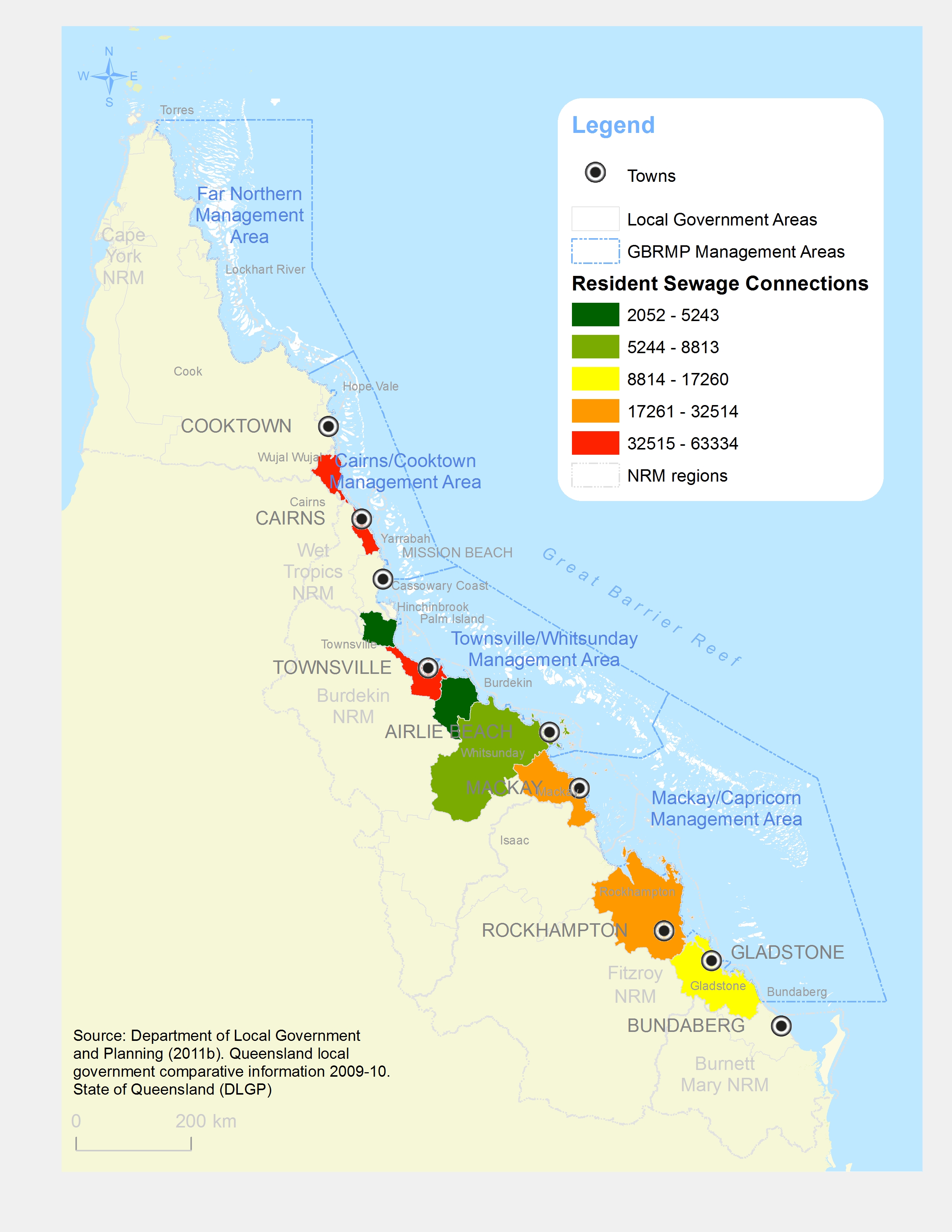 GBR Coastal Communities Resident Sewage Connections by LGA 2011