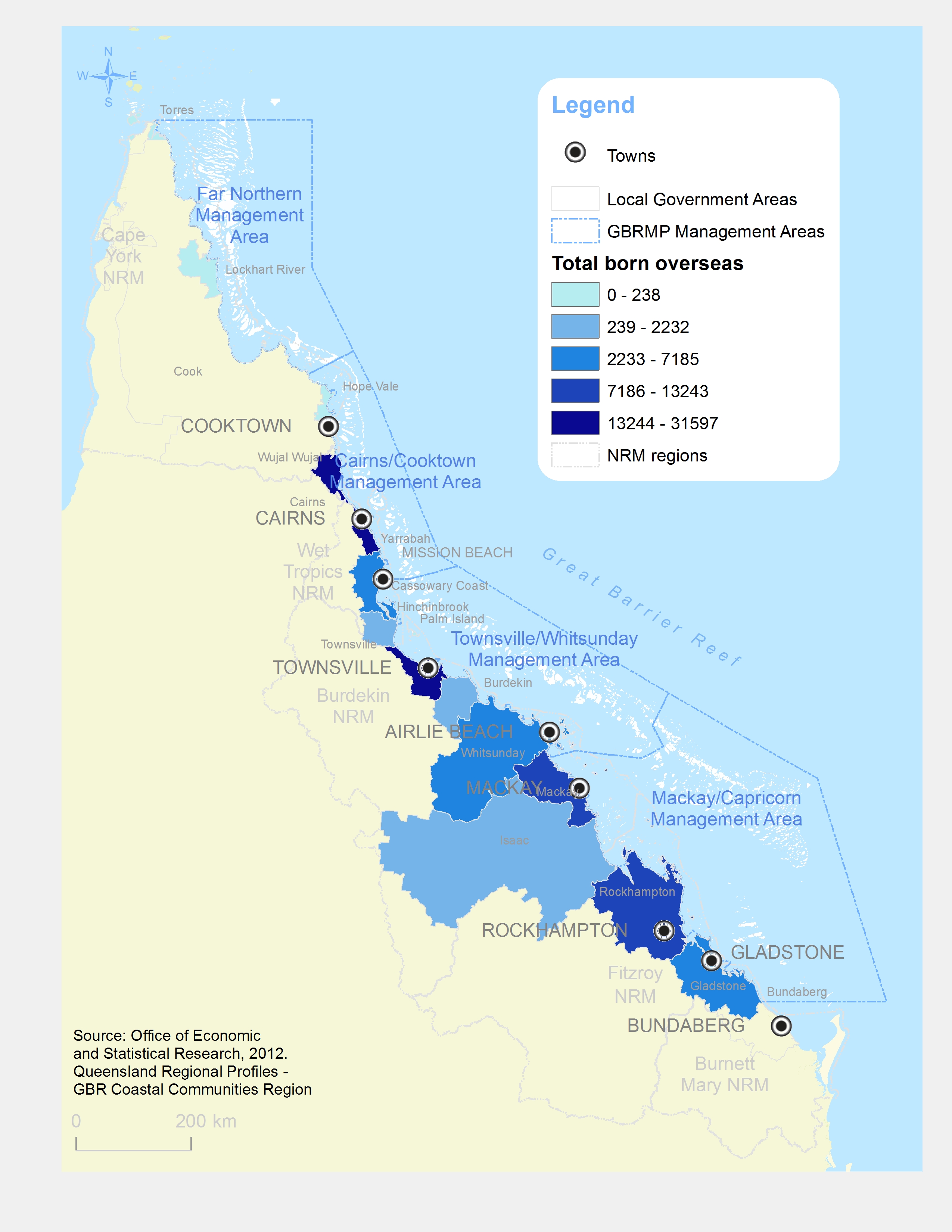 GBR Coastal Communities Residents Born Overseas by LGA 2012