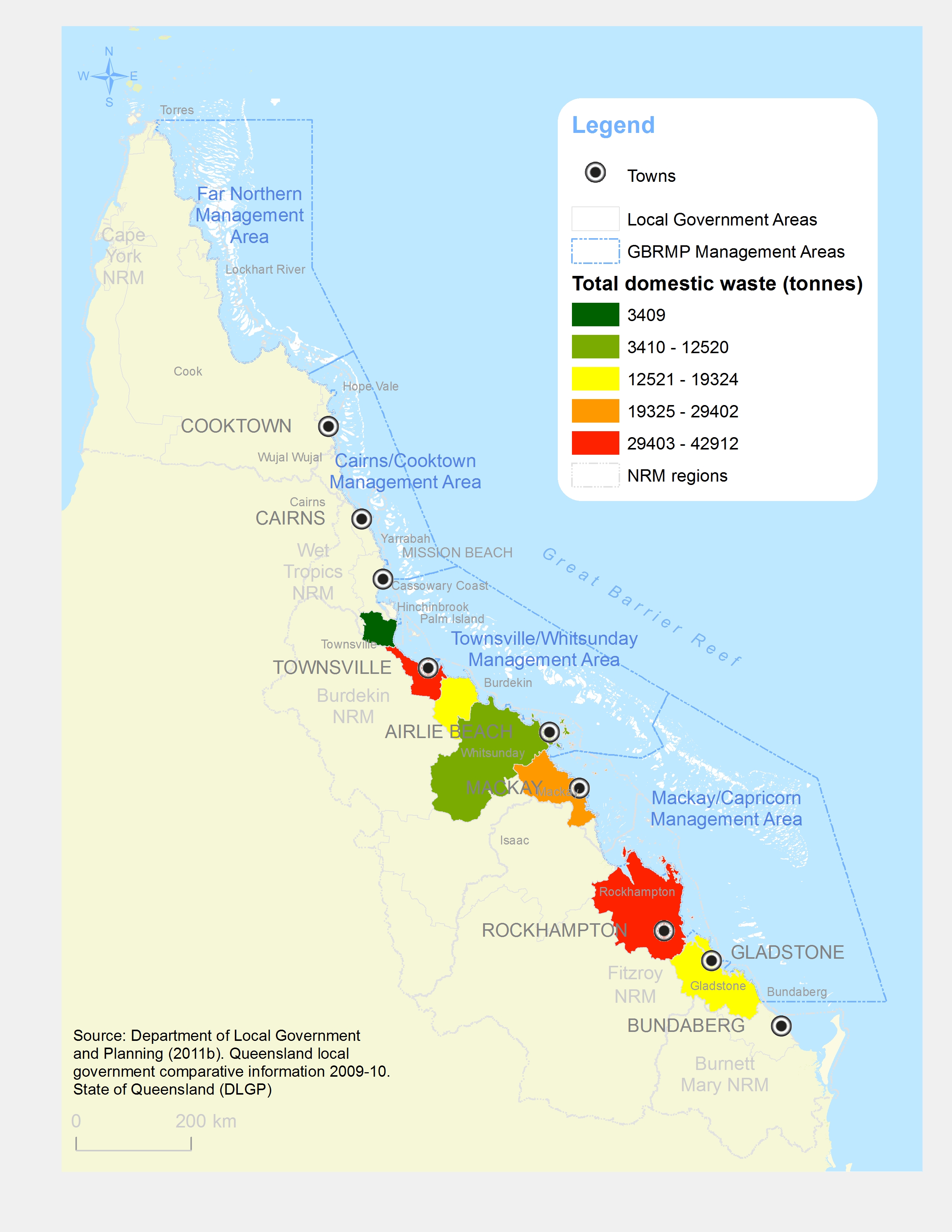 Map of Qld domestic waste (in tonnes)