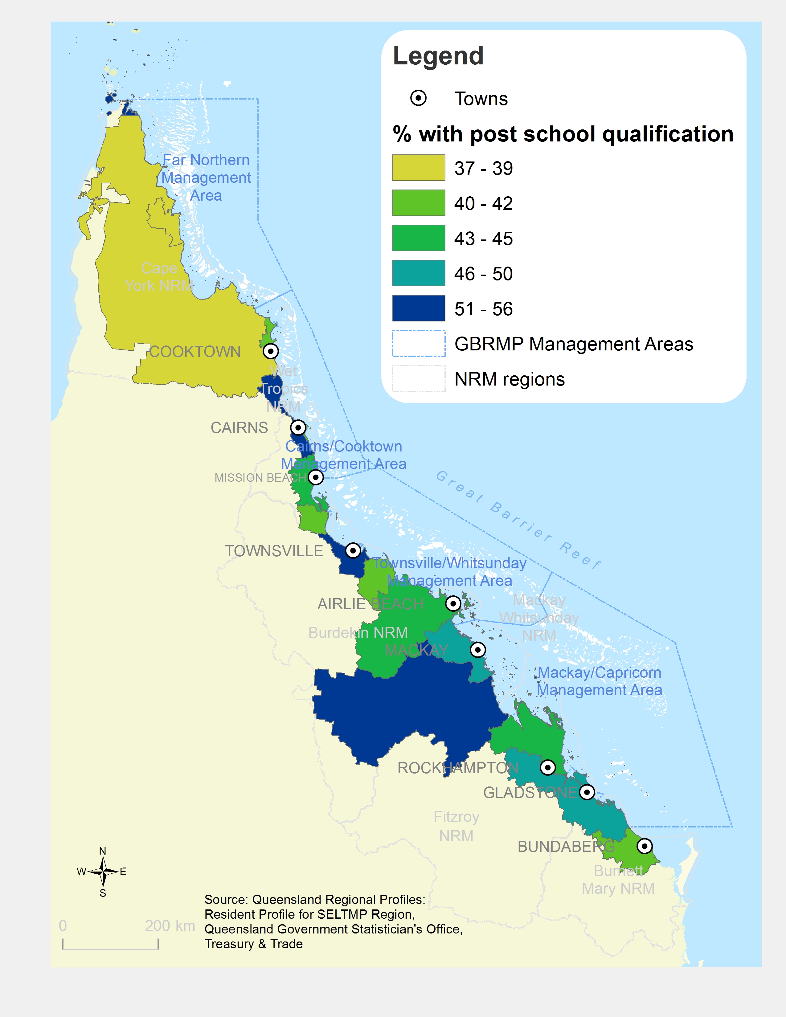 Persons with a post-school qualification, by Local Government Area (%)