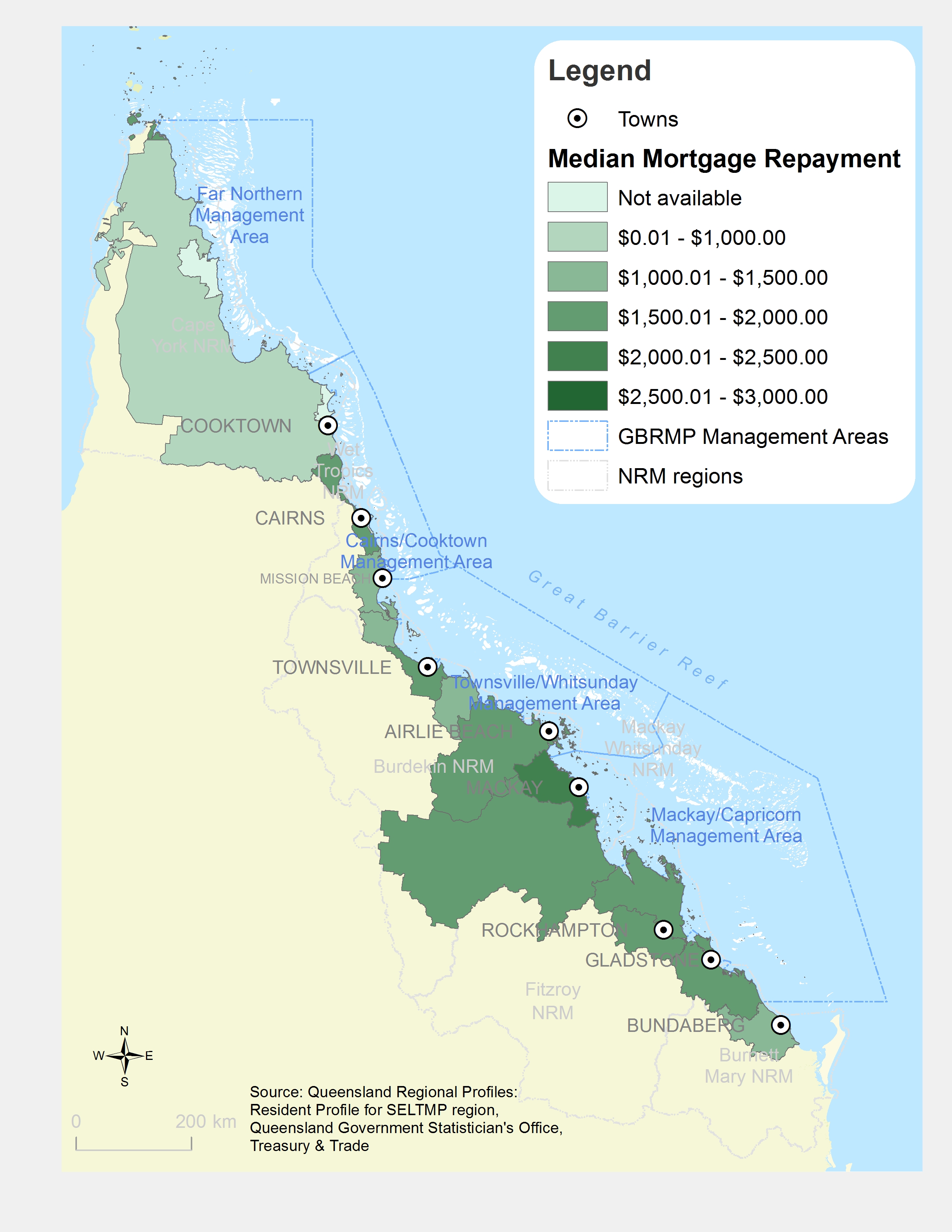 Median monthly mortgage repayment, by Local Government Area ($/month)