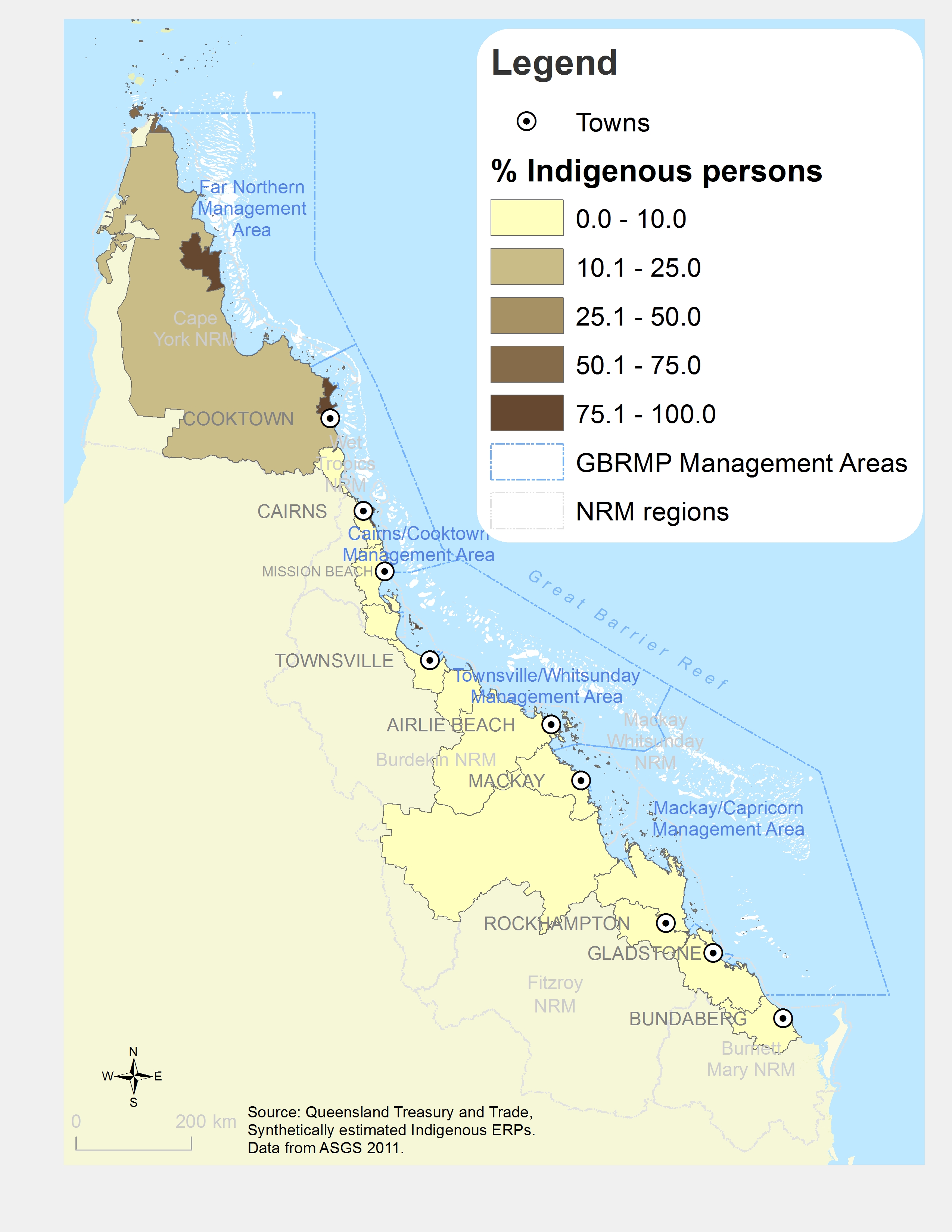 Indigenous persons as percentage of total population, by Local Government Area (%)