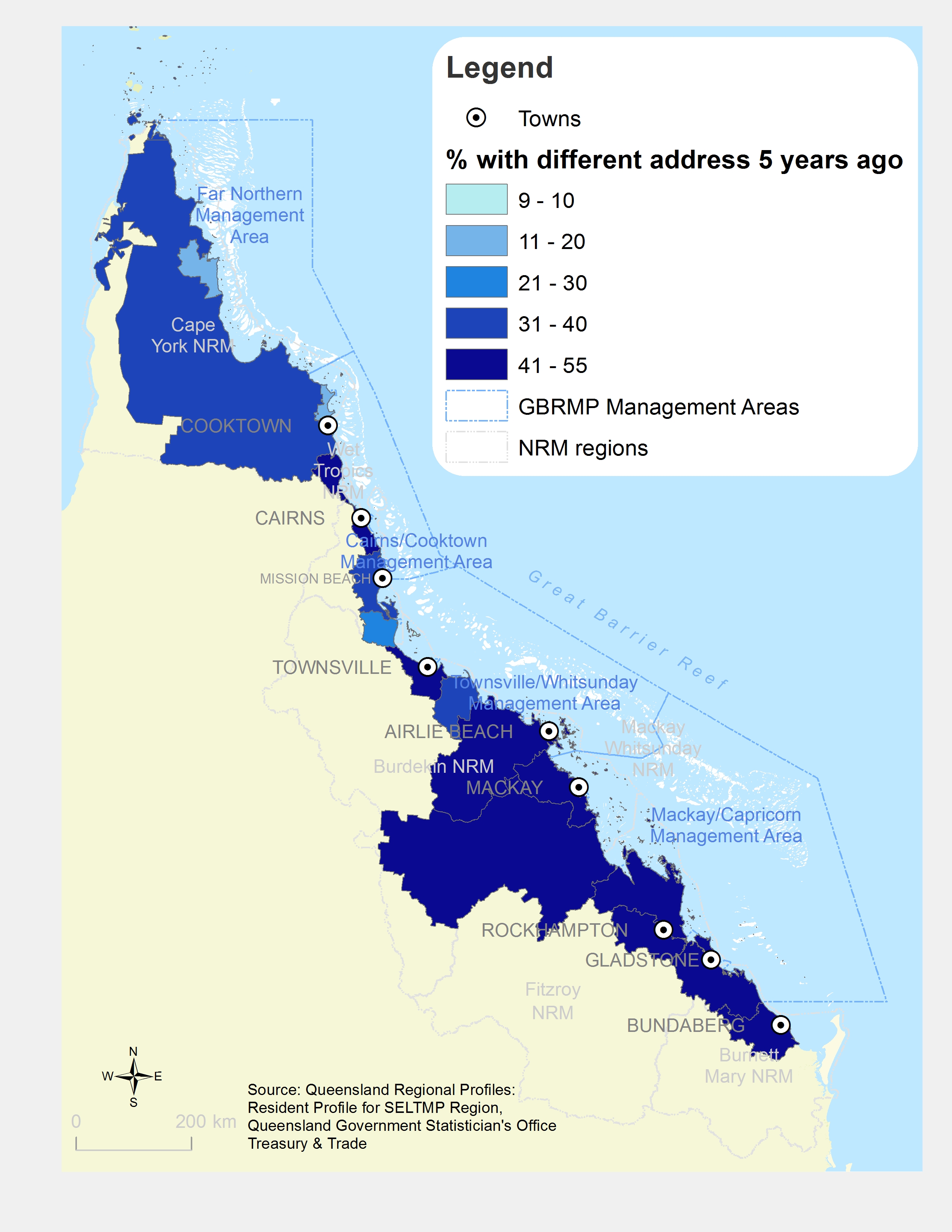 Population with address change within past 5 years, by Local Government Area (%)