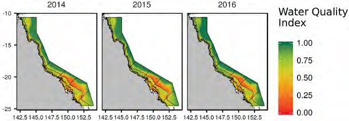 Figure 83: Spatio-temporal patterns in eReefs fsMAMP Water Quality index grades (Uniform grade typeconversion applied).