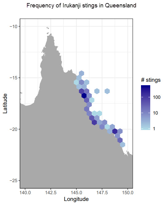 Map of frequency of Irukandji stings in Queensland