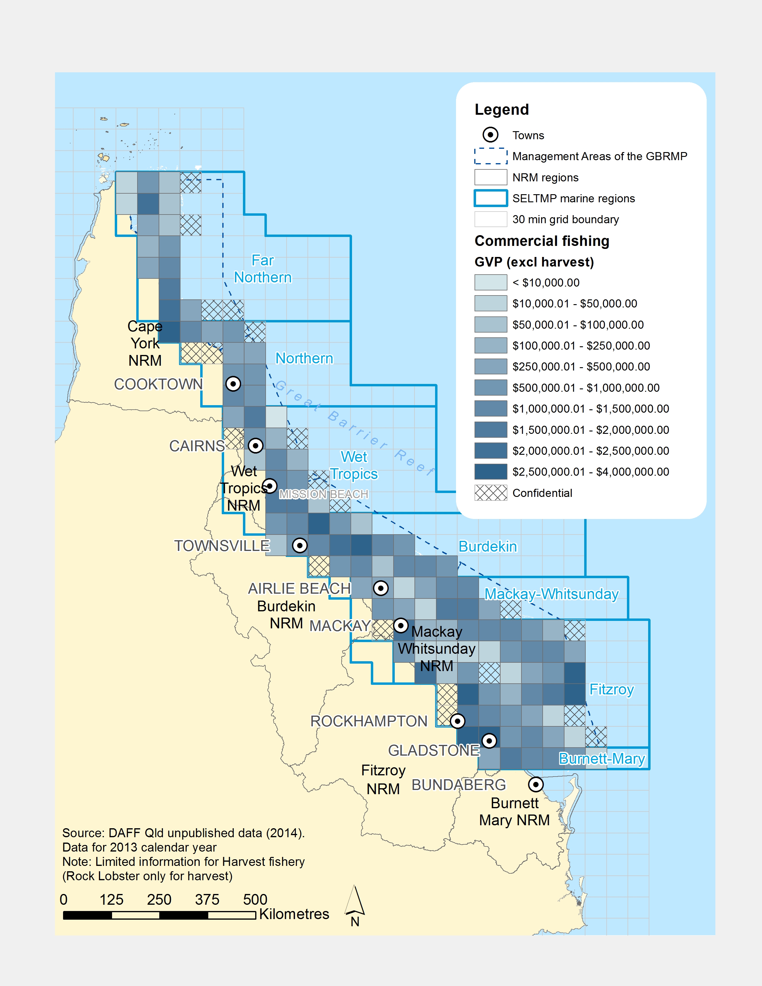 Commercial Fishing (Line, Net, Pot, Trawl, and Rocklobster (but no other harvest)) GVP within GBR fishing grids in 2013.