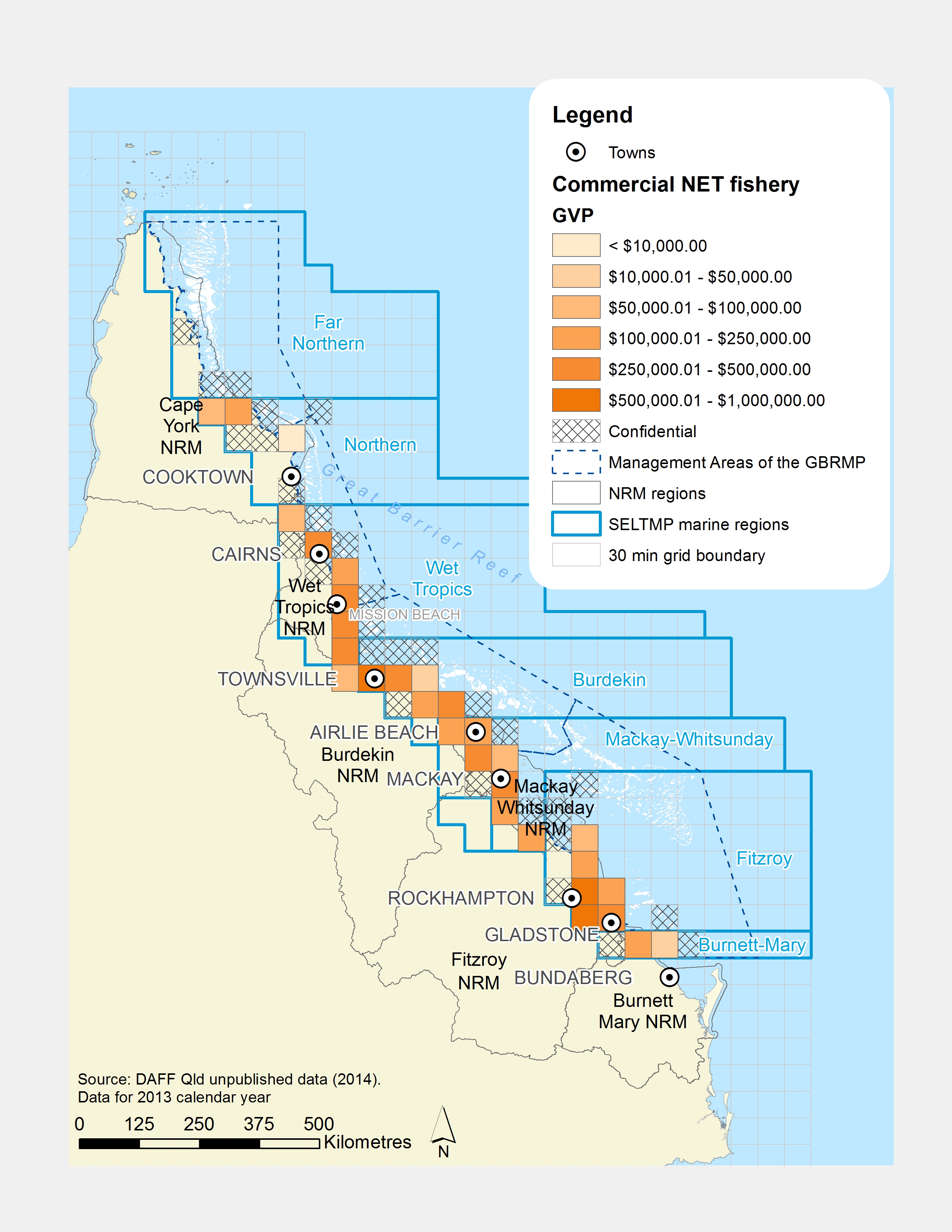 Commercial NET Fishing GVP produced within GBR fishing grids in 2013.