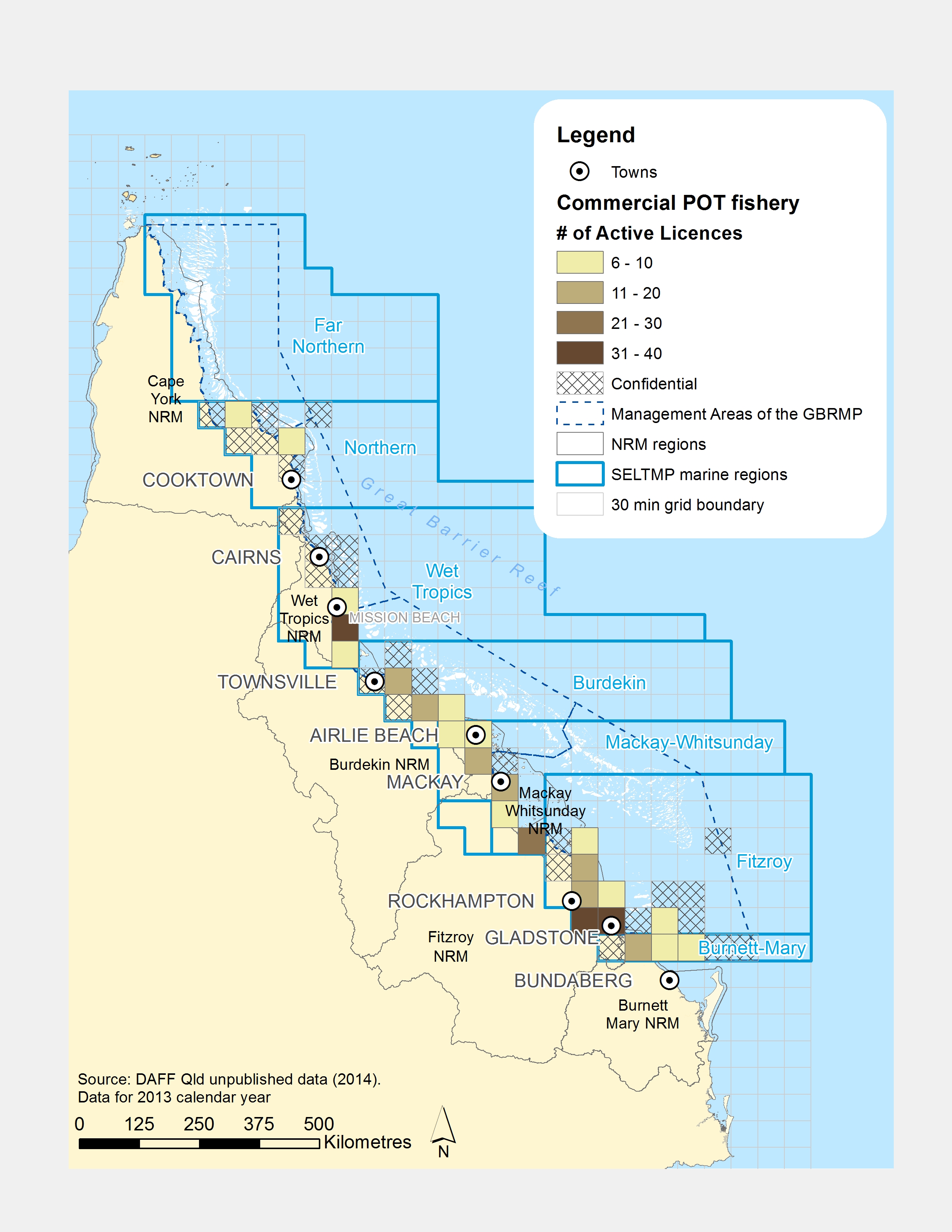 Commercial POT Fishing active licences within GBR fishing grids in 2013.