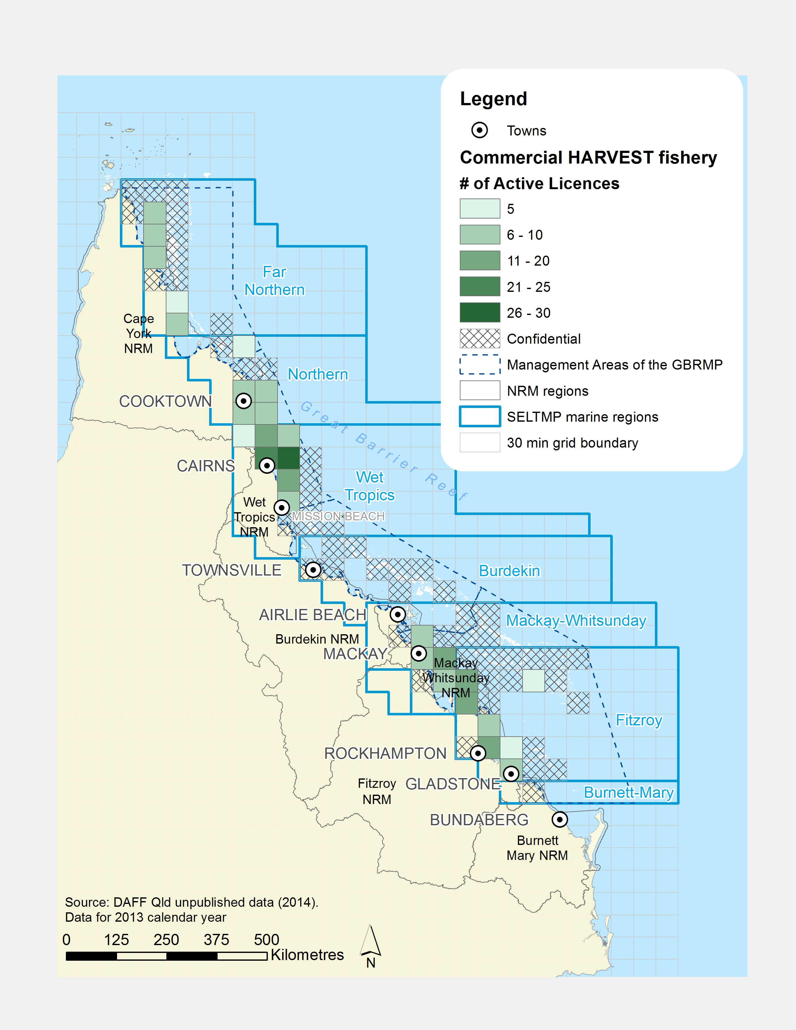 Commercial HARVEST Fishing licences active within GBR fishing grids in 2013.