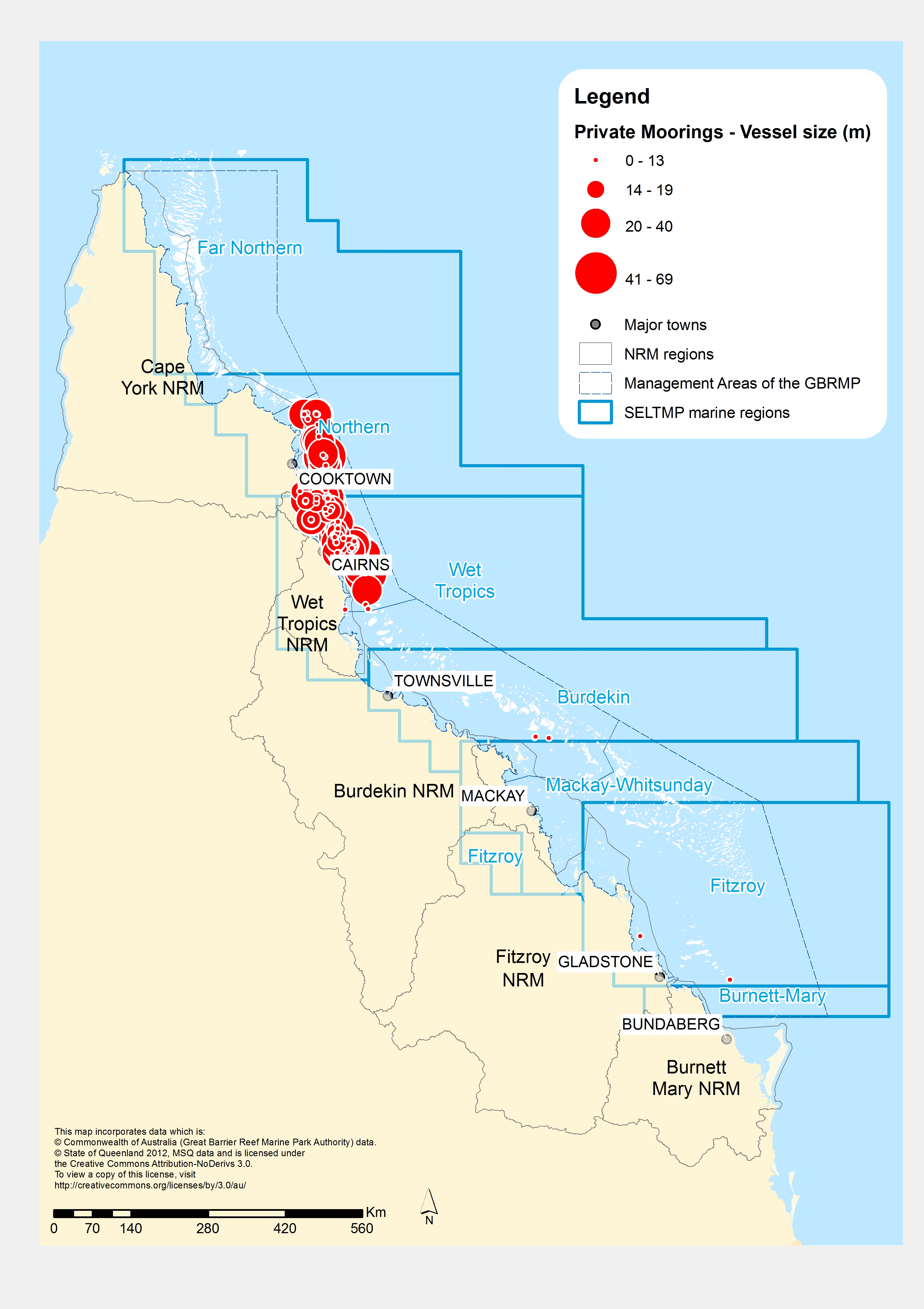 Map of private mooring in Qld (by vessel size, in metre)