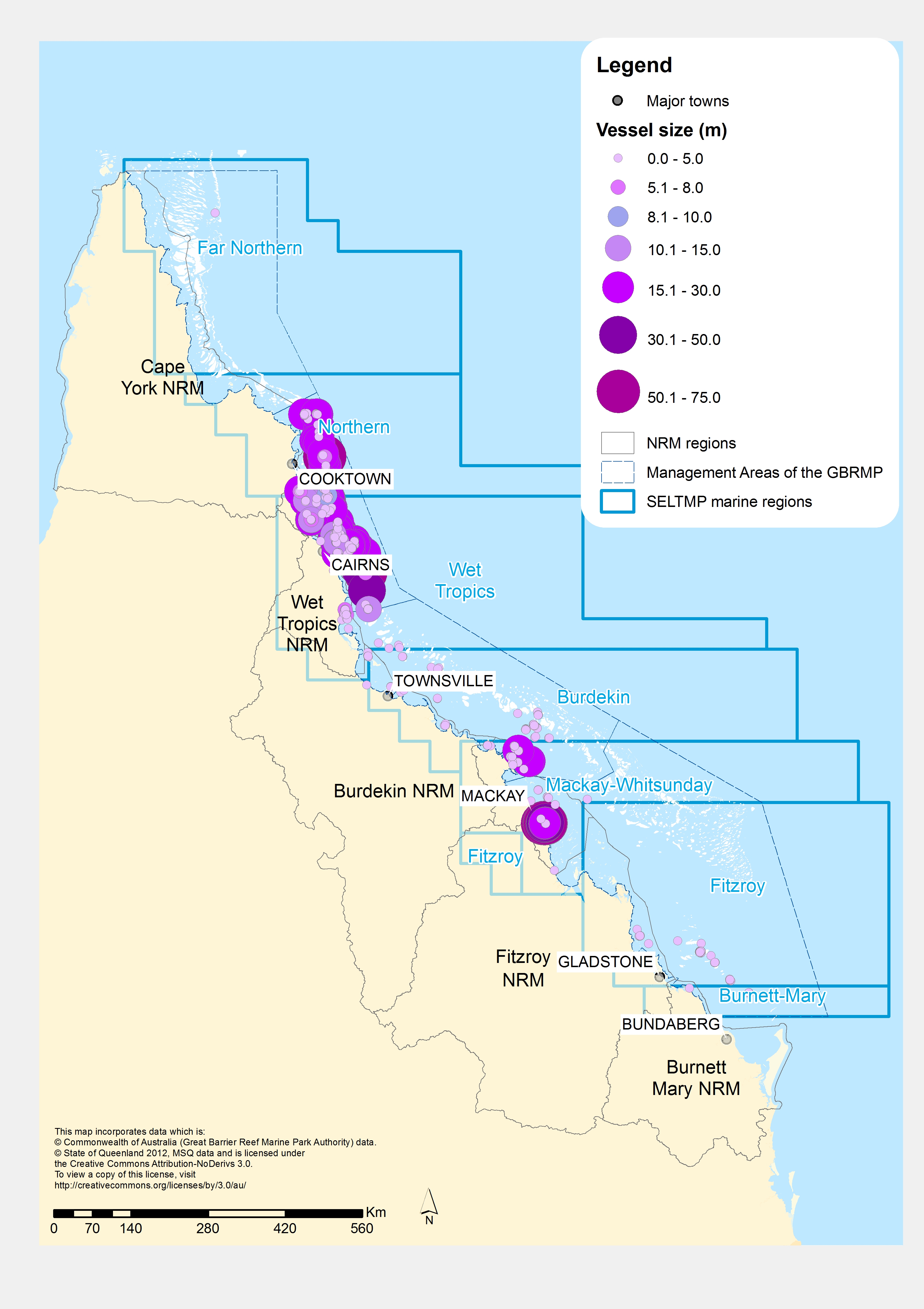Classification map of mooring vessels in Qld (by size in metre)
