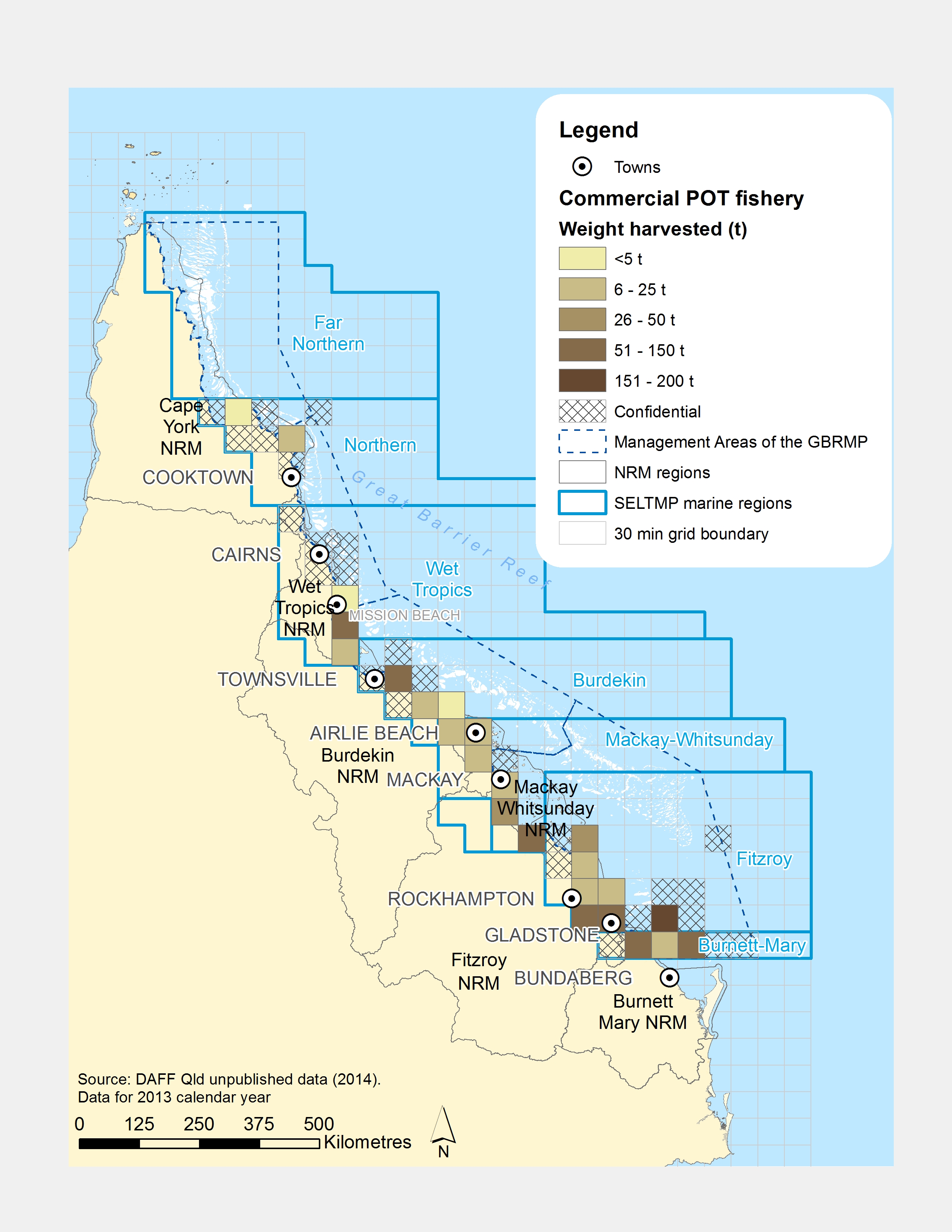 Commercial POT Fishing harvest (by weight) within GBR fishing grids in 2013.