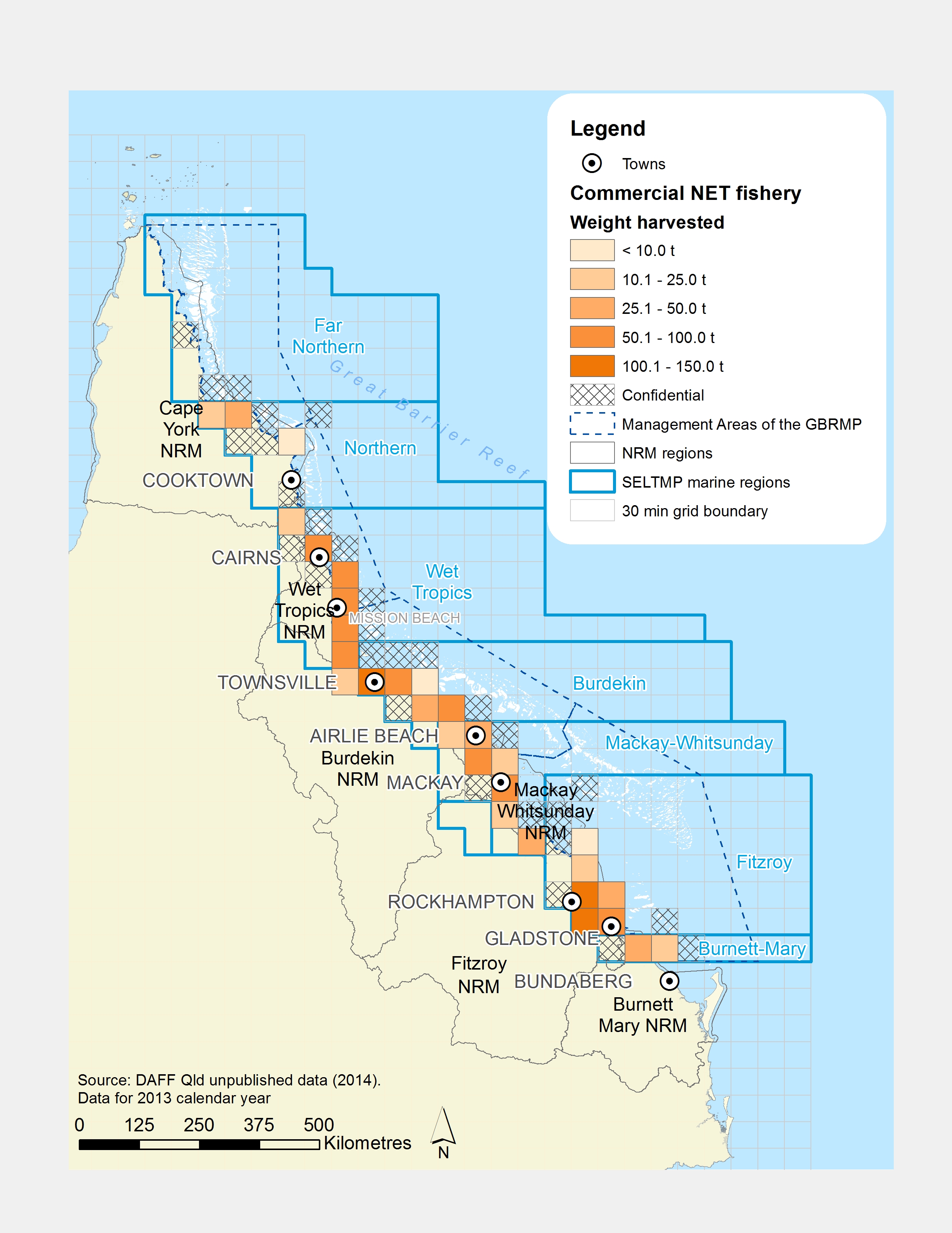 Commercial NET Fishing harvest (by weight) within GBR fishing grids in 2013.