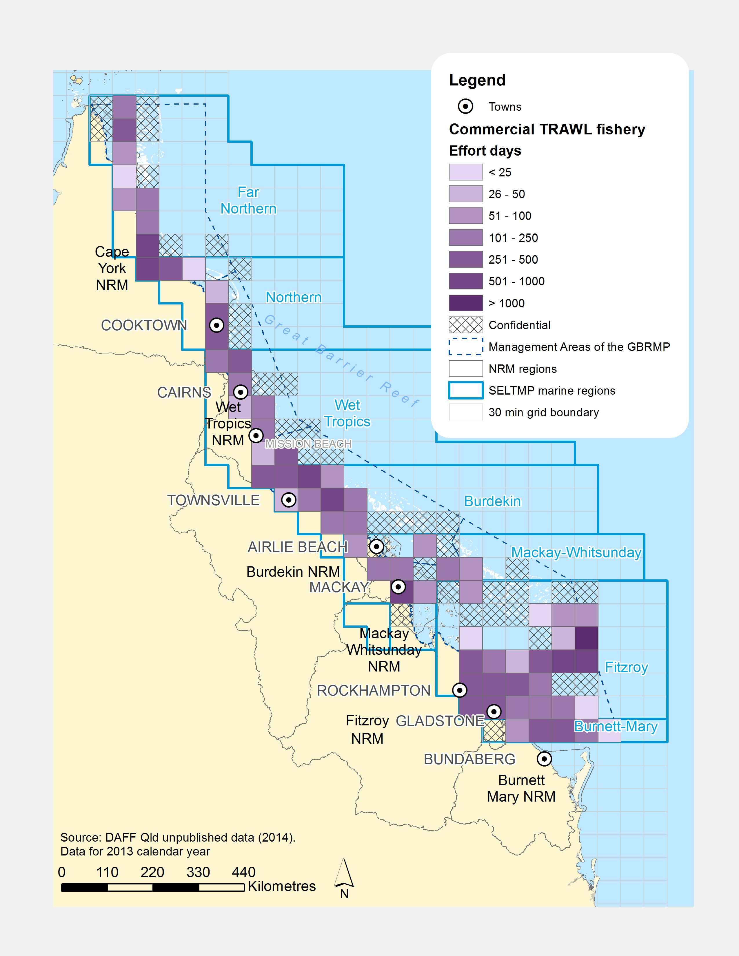 Commercial TRAWL Fishing Effort (# of days fished) within GBR fishing grids in 2013.