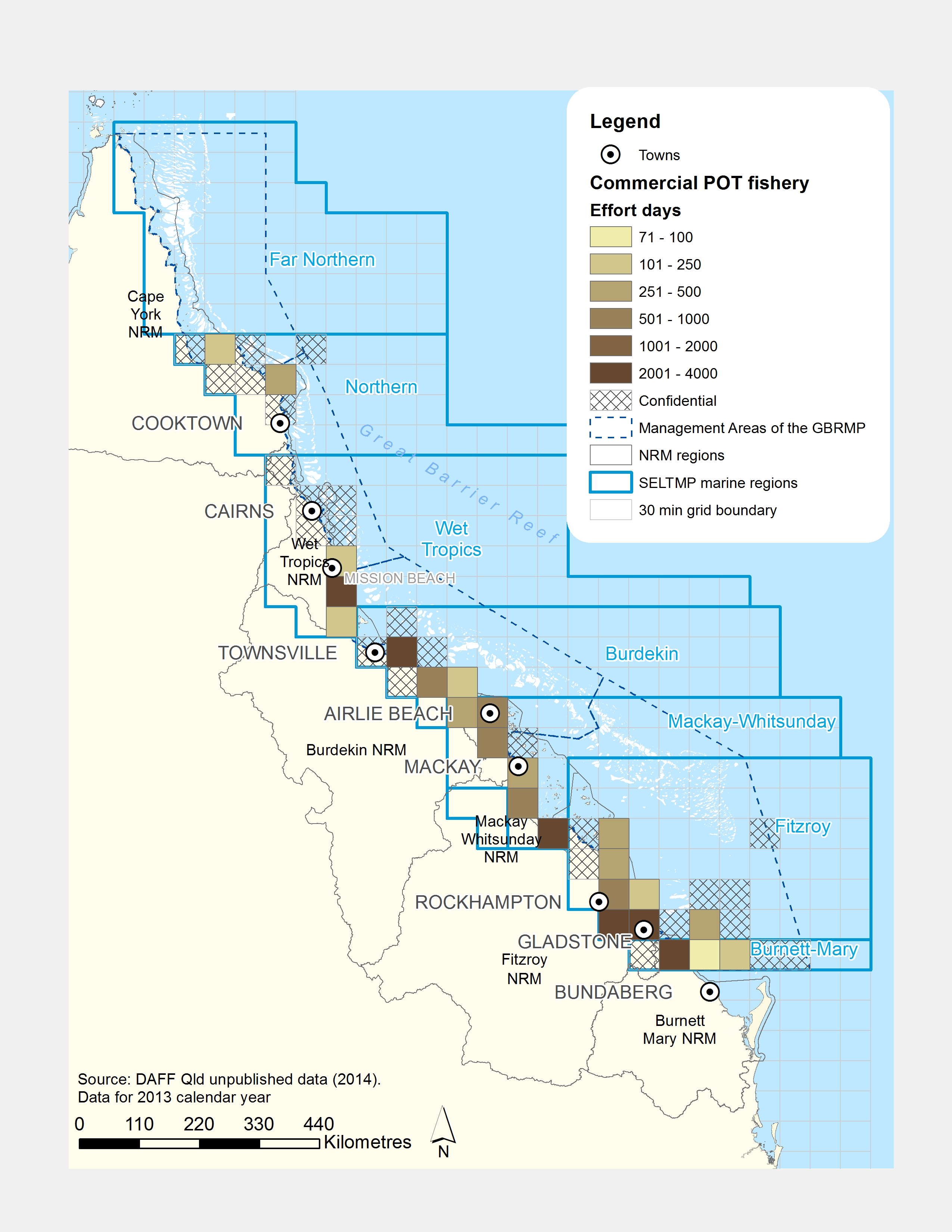 Commercial POT Fishing Effort (# of days fished) Days within GBR fishing grids in 2013.