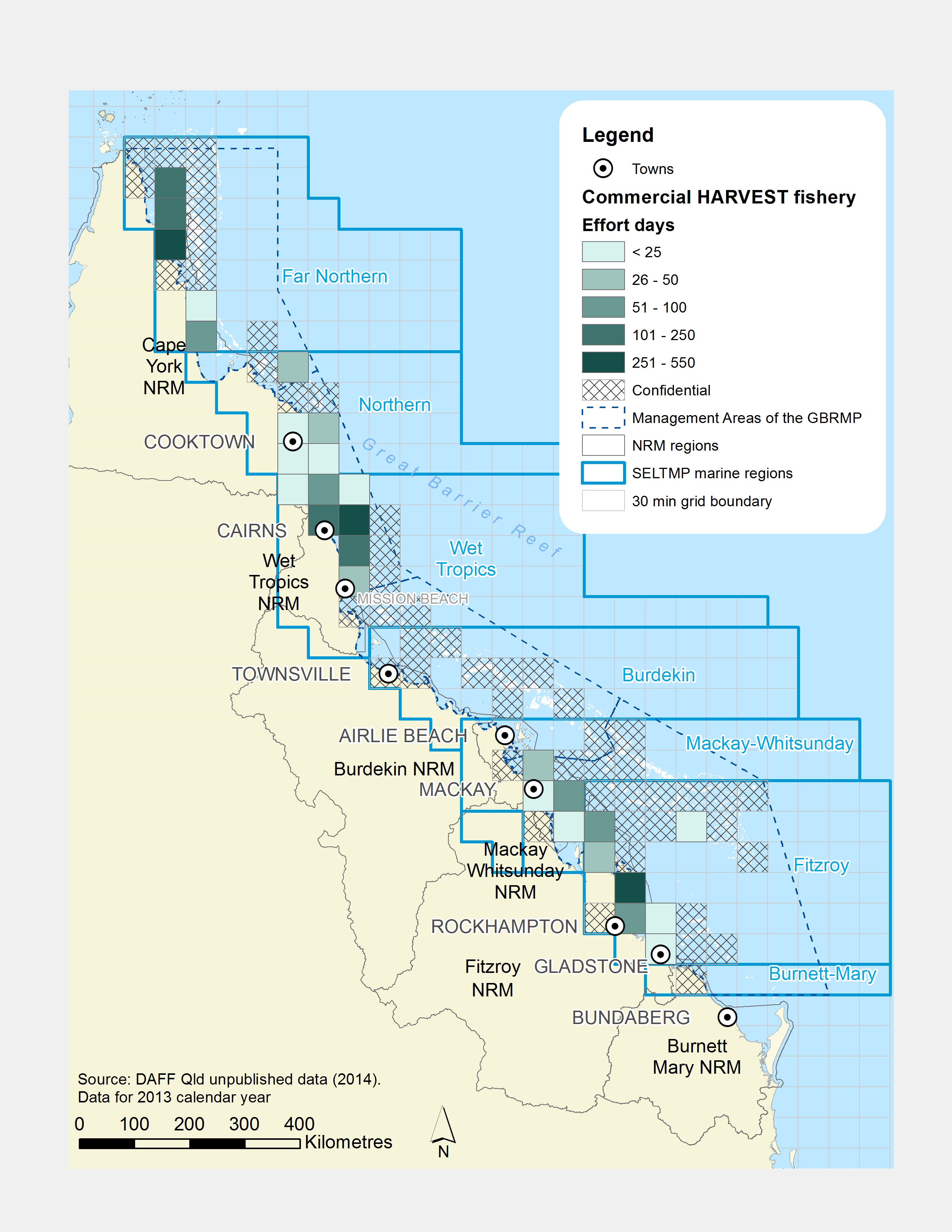 Commercial HARVEST Fishing Effort Days (# of days fished) within GBR fishing grids in 2013.