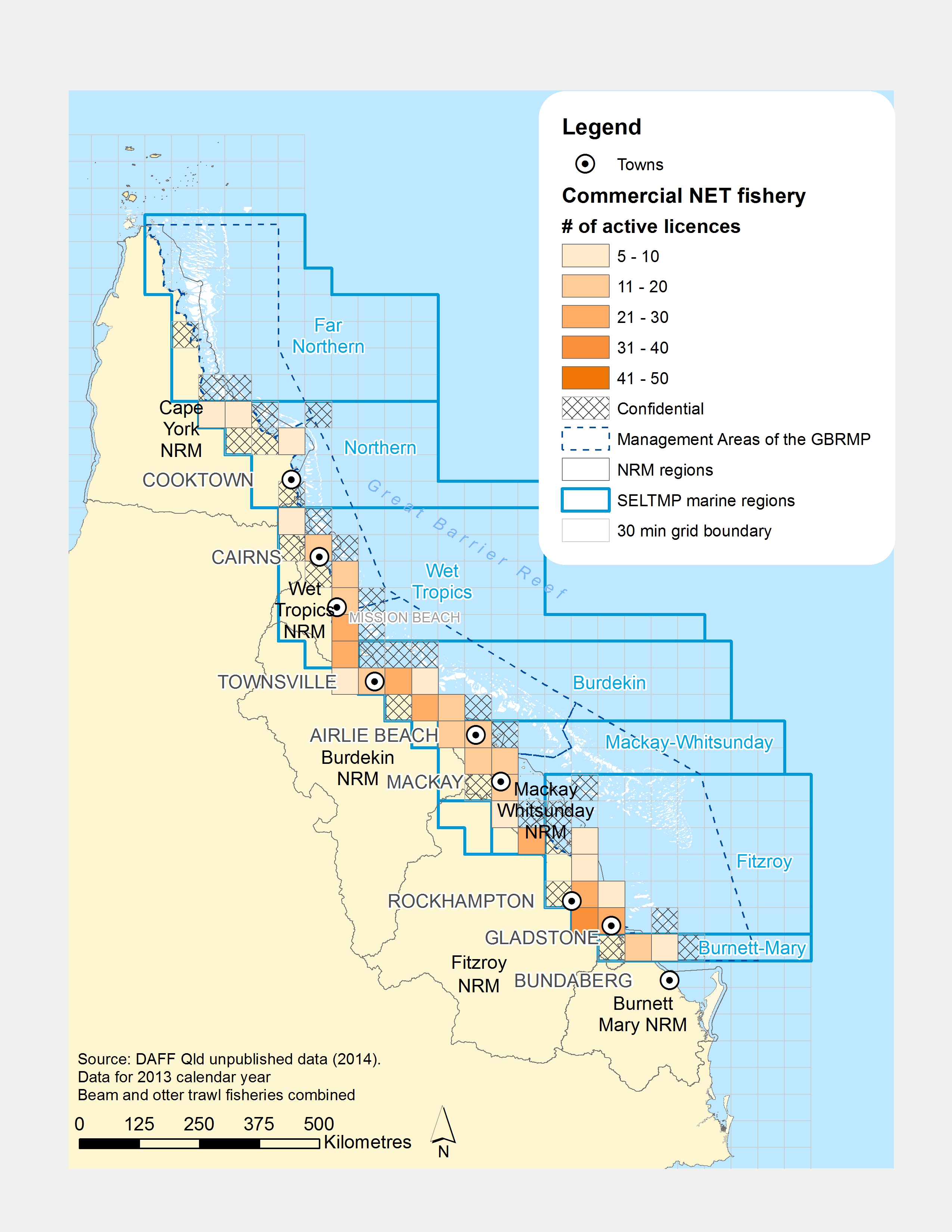 Commercial NET Fishng Active Licences within GBR fishing grids in 2013.