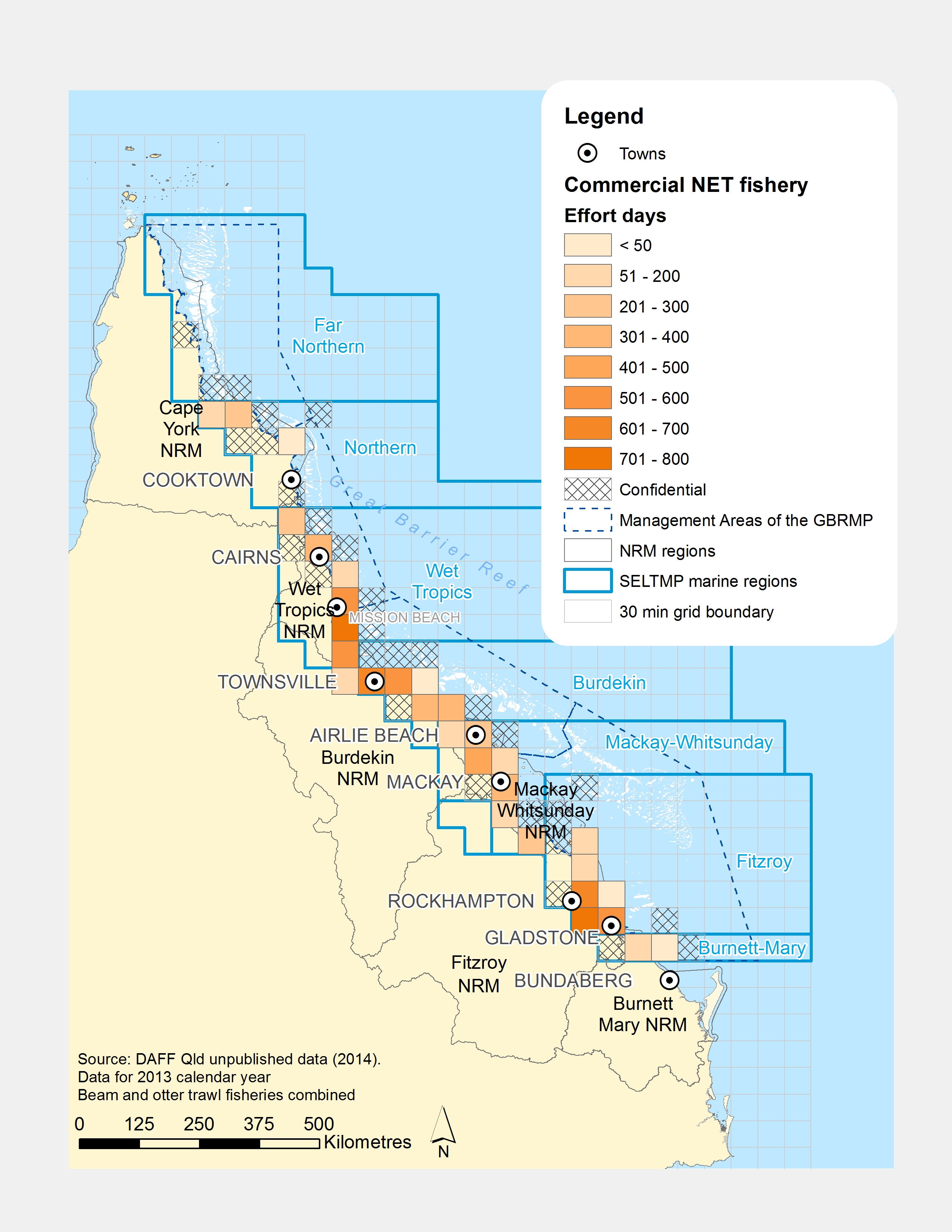 Commercial NET Fishing Effort Days (# of days fished) within GBR fishing grids in 2013.