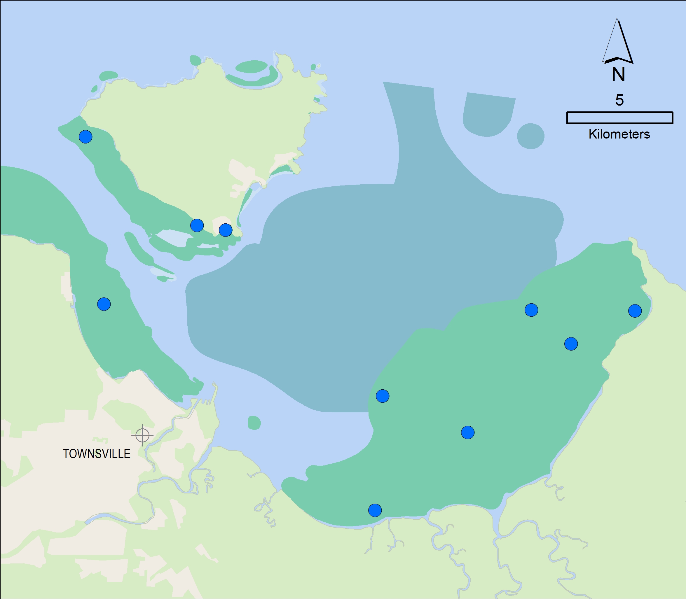 Light logger deployment sites and seagrass distribution in Cleveland Bay