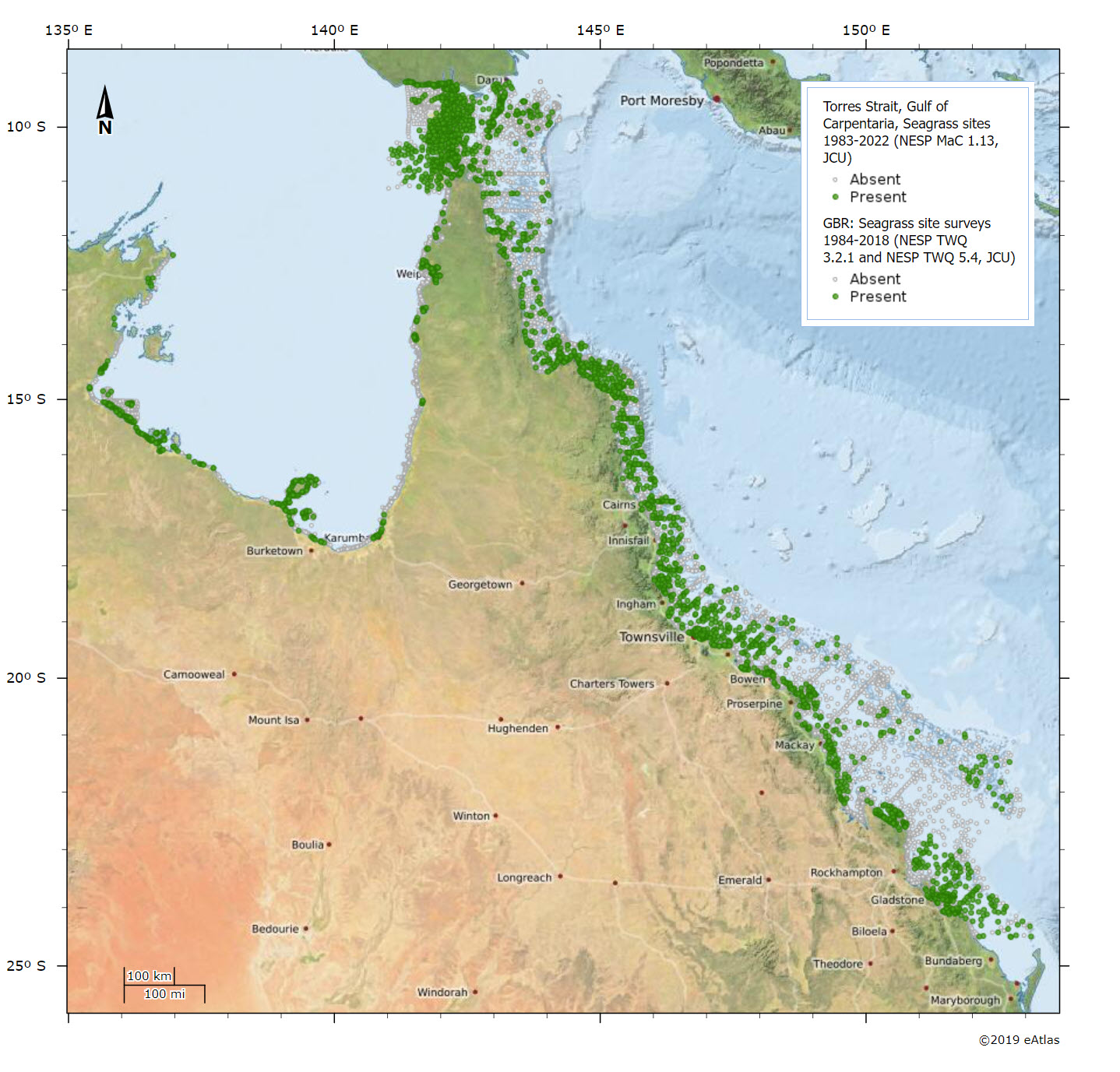 Seagrass survey compilation datasets show presence and absence data across north-eastern Australia marine regions