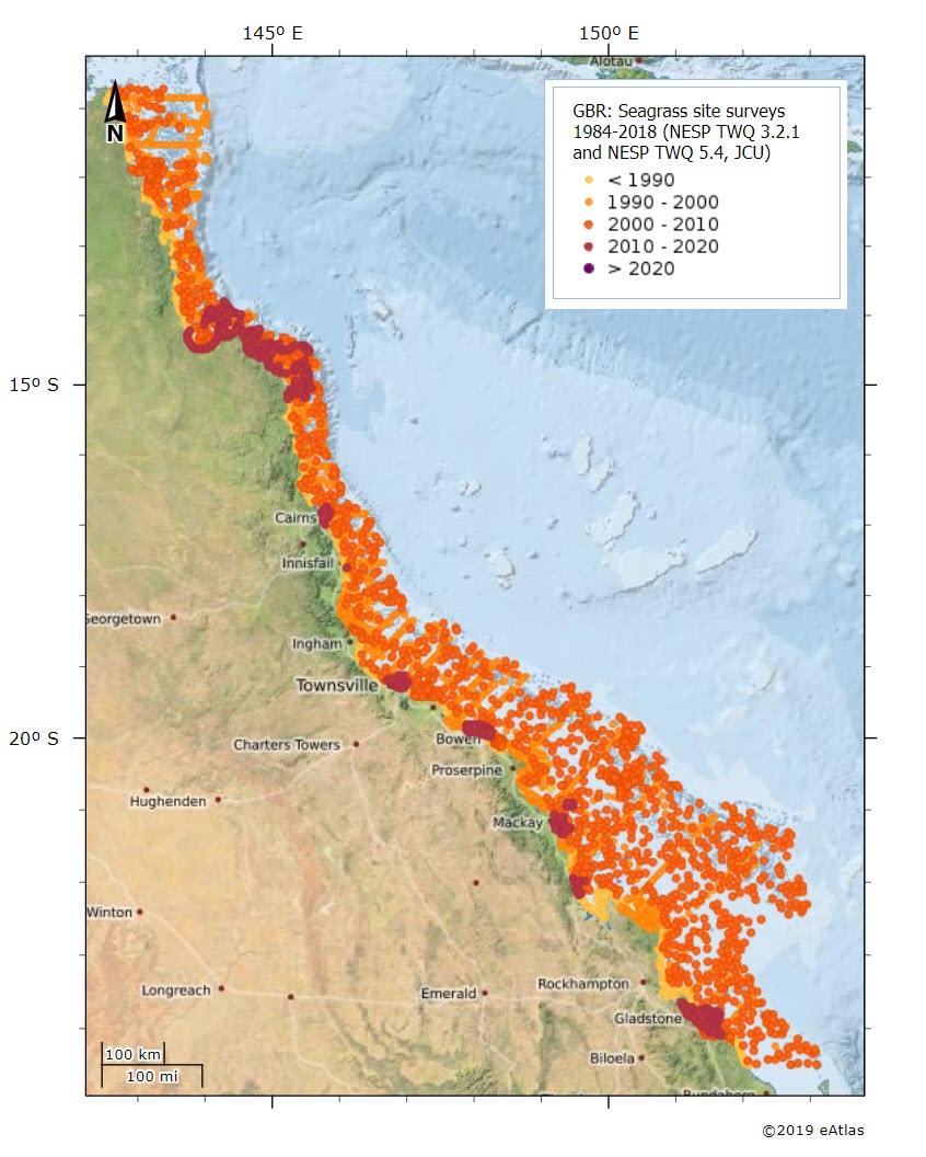 Seagrass Surveys on the GBR showing year of survey in a 10 year timescale