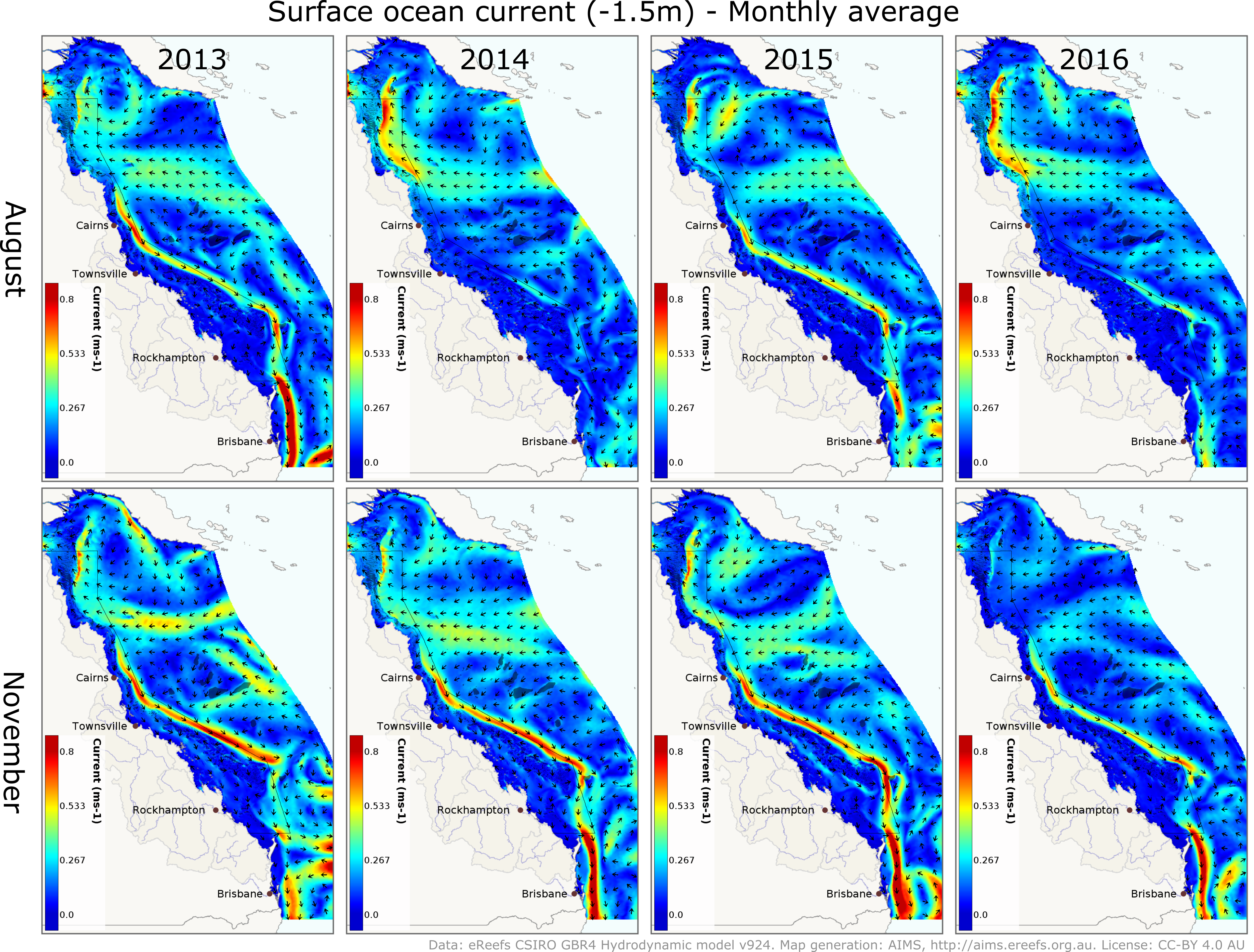 Monthly surface current for August and November in the GBR and Western Coral Sea