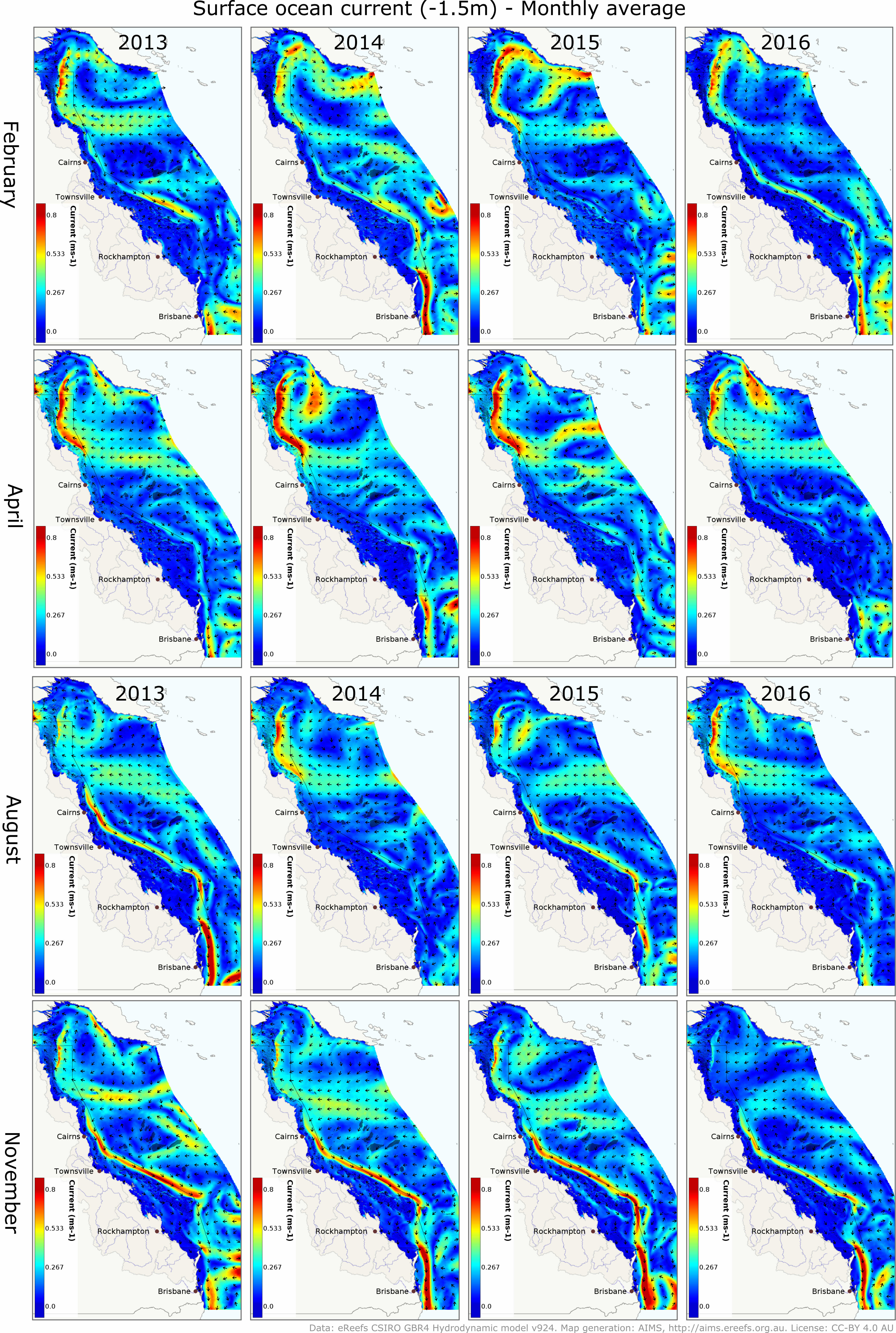 Monthly surface ocean current for the GBR and Coral sea (2013 - 2016) - eReefs 