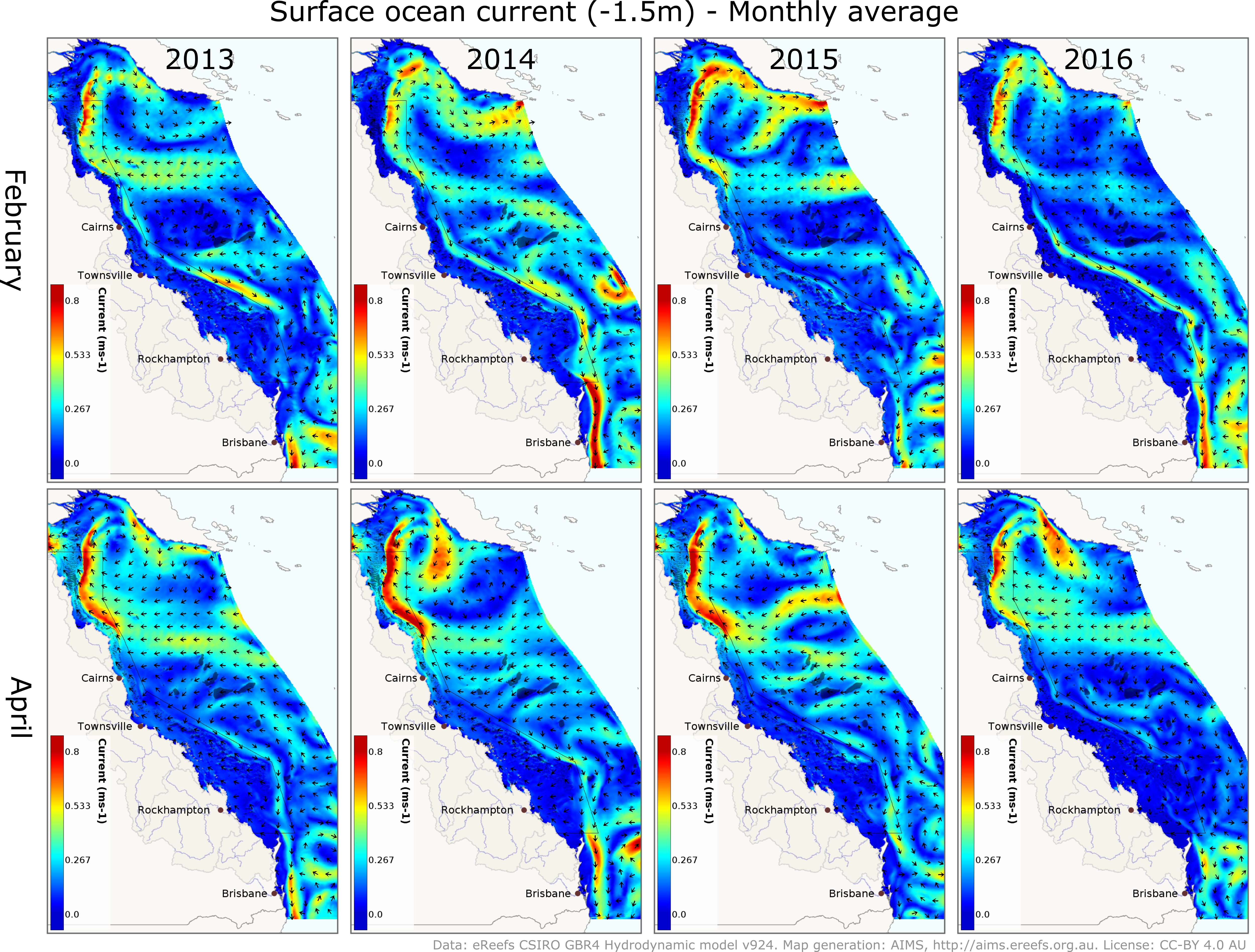 Monthly surface current for February and April in the GBR and Western Coral Sea