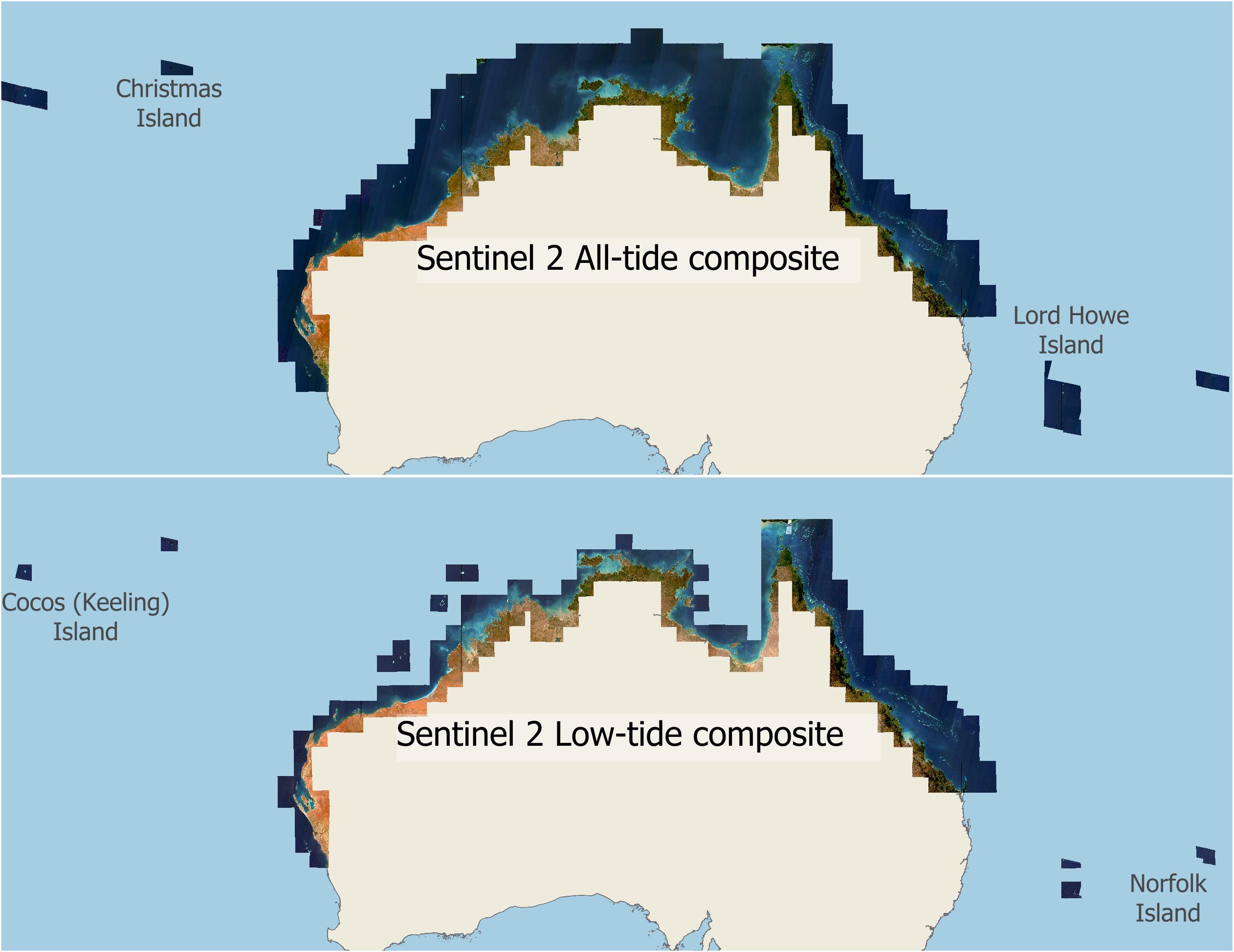 Preview map of the Sentinel 2 All-tide and Low-tide composite imagery datasets, showing that they span the tropical marine areas of Australia