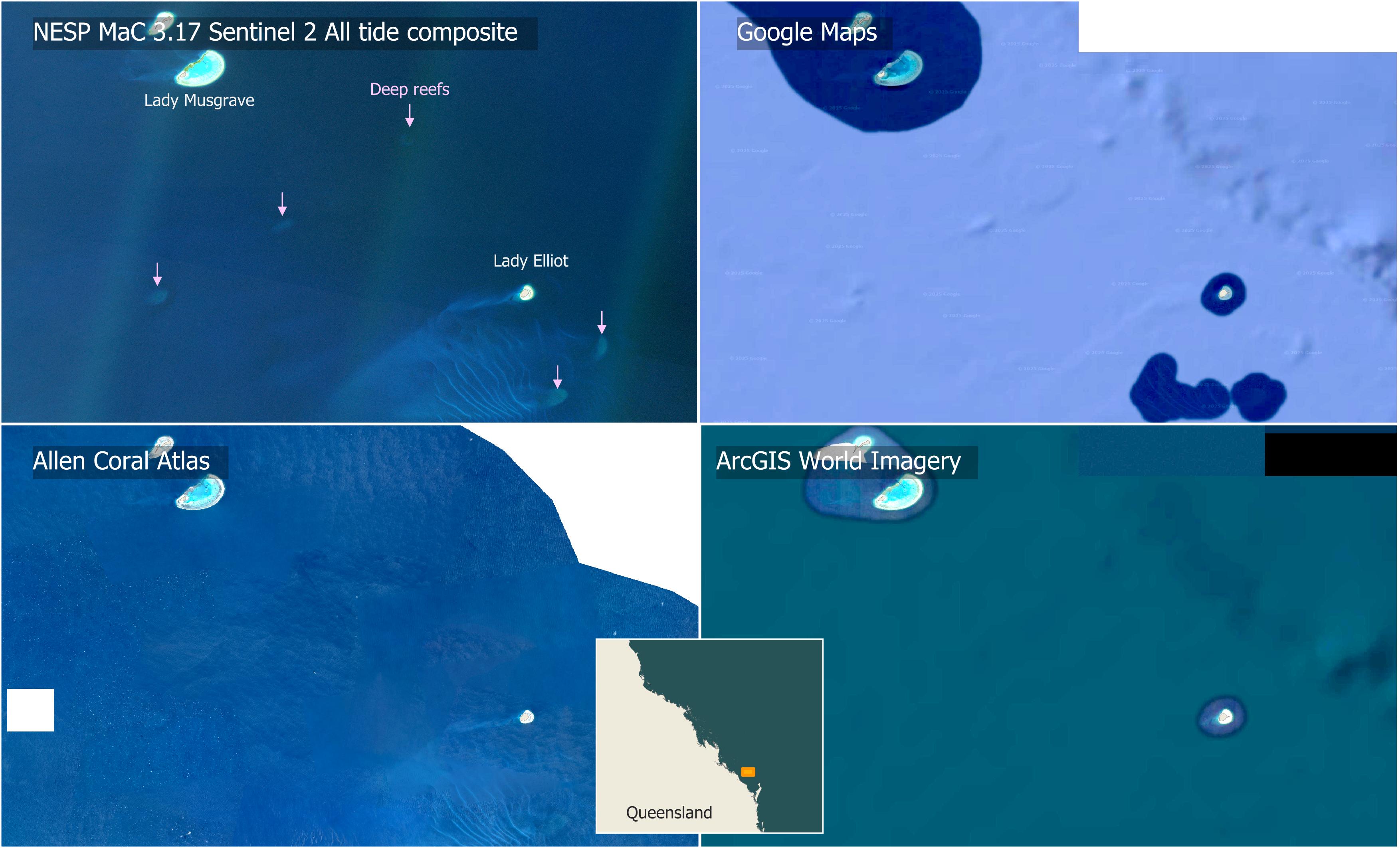 Four panel map comparing the All-tide satellite imagery with Google Maps, Allen Coral Atlas and ArcGIS World Imagery.