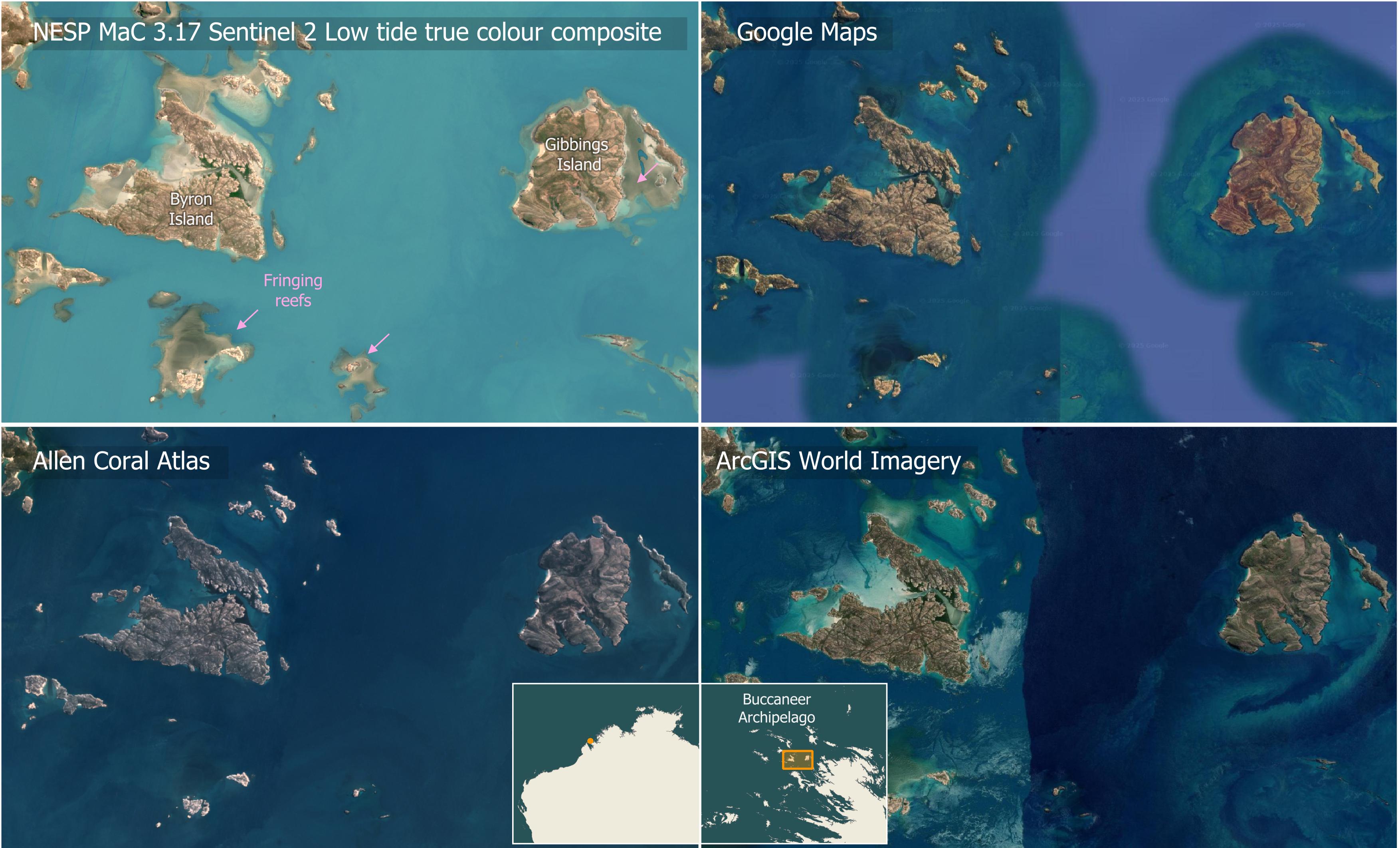 Four panel map comparing Sentine 2 composite imagery with Google Maps, Allen Coral Atlas and ArcGIS World Imagery