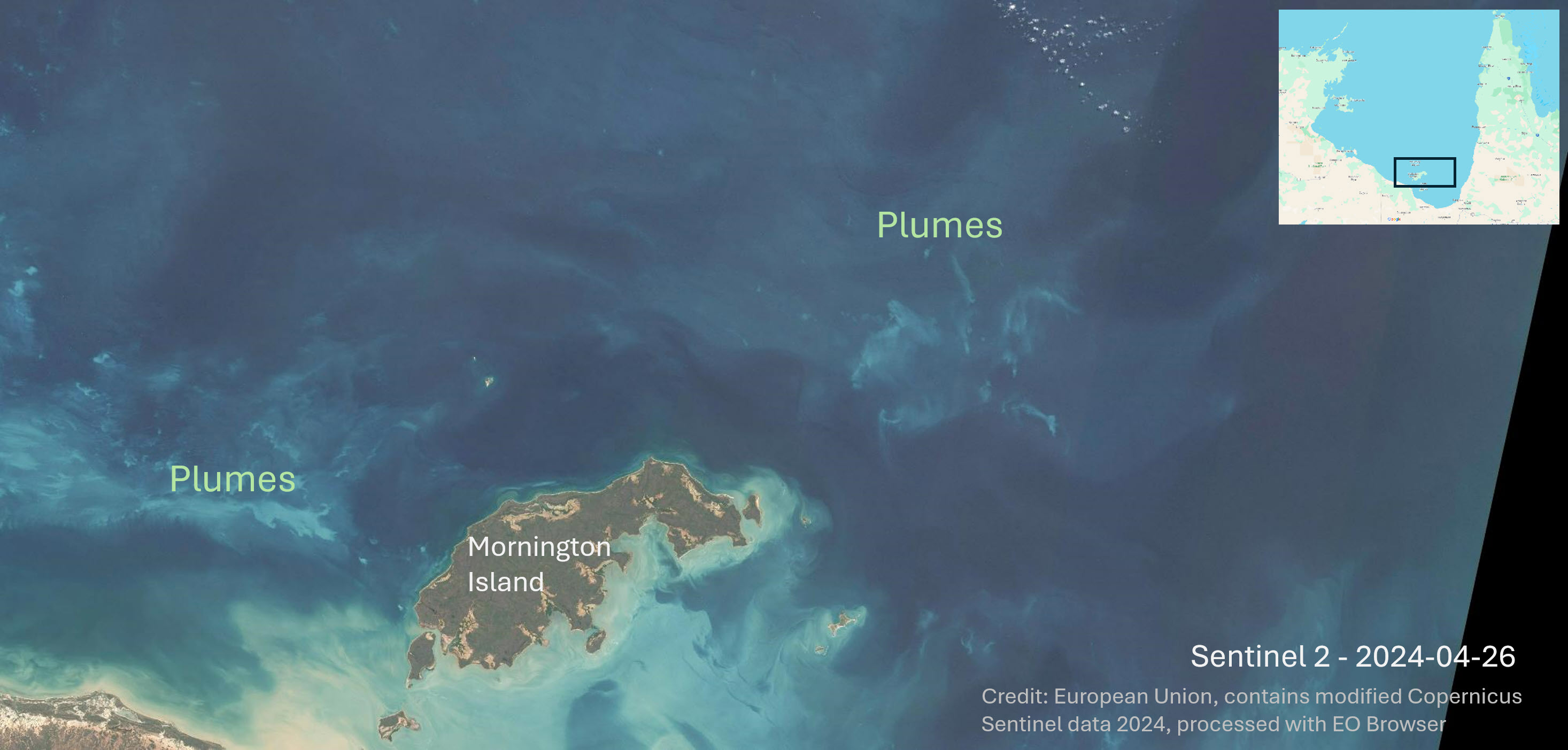 Satellite imagery showing Mornington Island. No reefs are visible dues to sediment plumes.