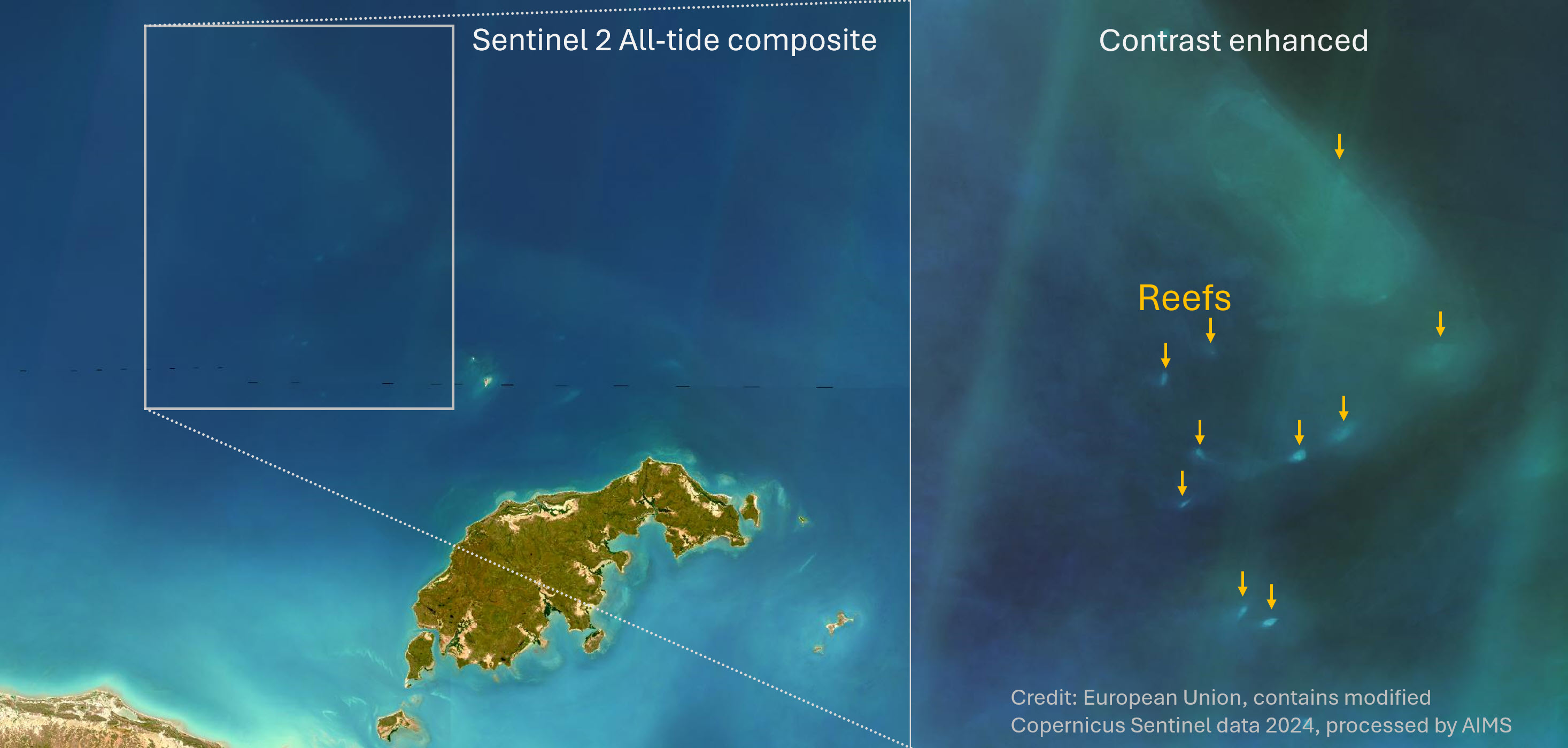 Composite cloud free satellite imagery showing Mornington Island. To the north west reefs are just visible. A right hand panel shows a contrast enhanced view of the imagery with reefs indicated with orange arrows.