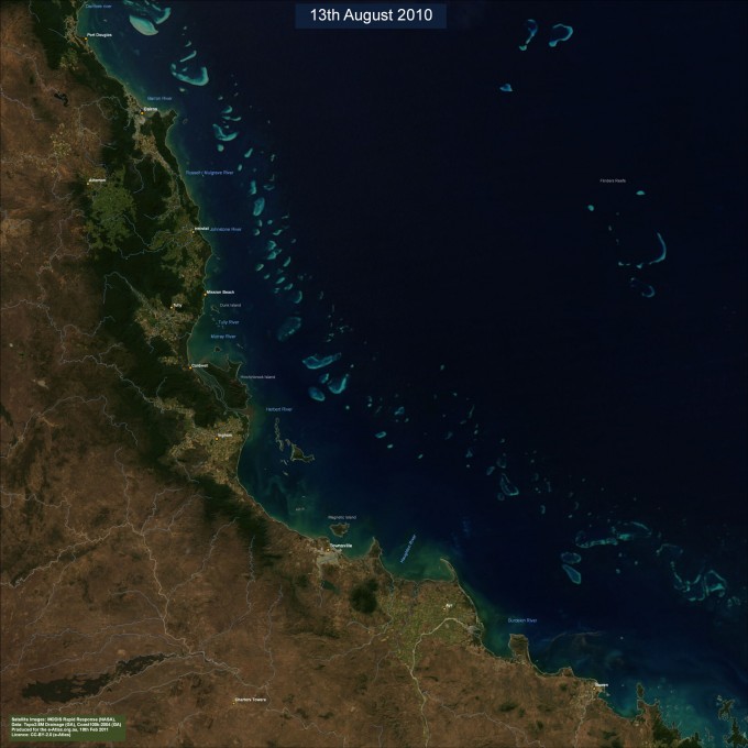 North Queensland Coast and Great Barrier reef from MODIS satellite imagery (13th August 2010) seen on a clear day.