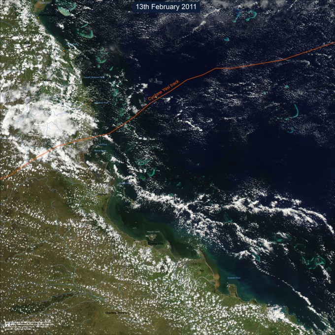 North Queenland coast from MODIS satellite images 10 days after cyclone Yasi made landfall