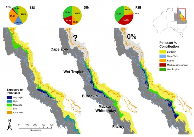 Map of pollutant surface exposure (TSS, chl-a and PSII herbicides) on the GBR coast