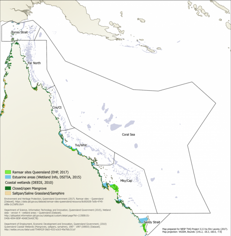 The distribution of estuarine tidal habitats including mangrove forests, saltmarshes, estuaries and listed Ramsar sites. 