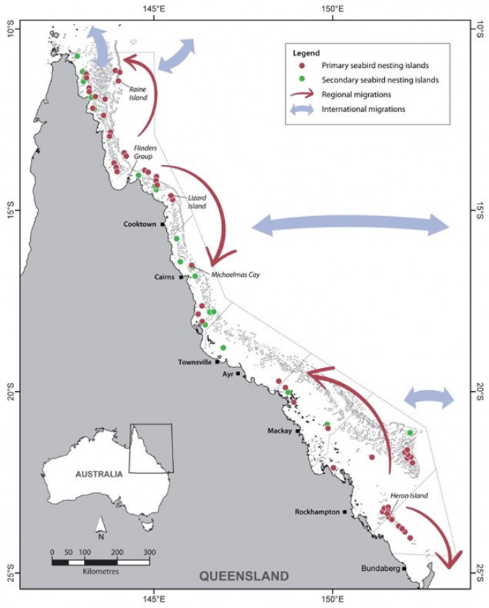 Map of primary and secondary seabird breeding sites in Great Barrier Reef